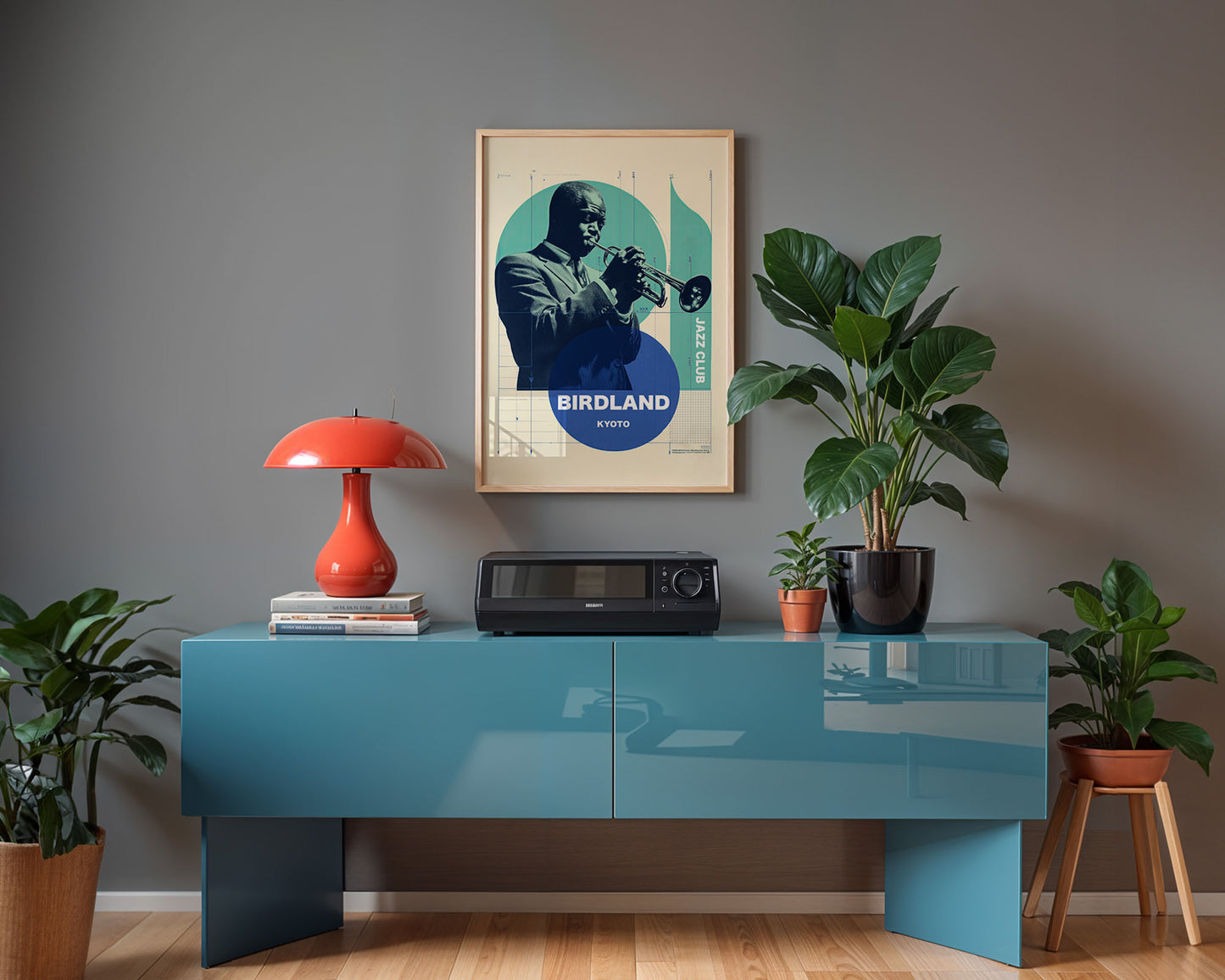 Colourful mid-century style poster adding bold accent to modern home interior