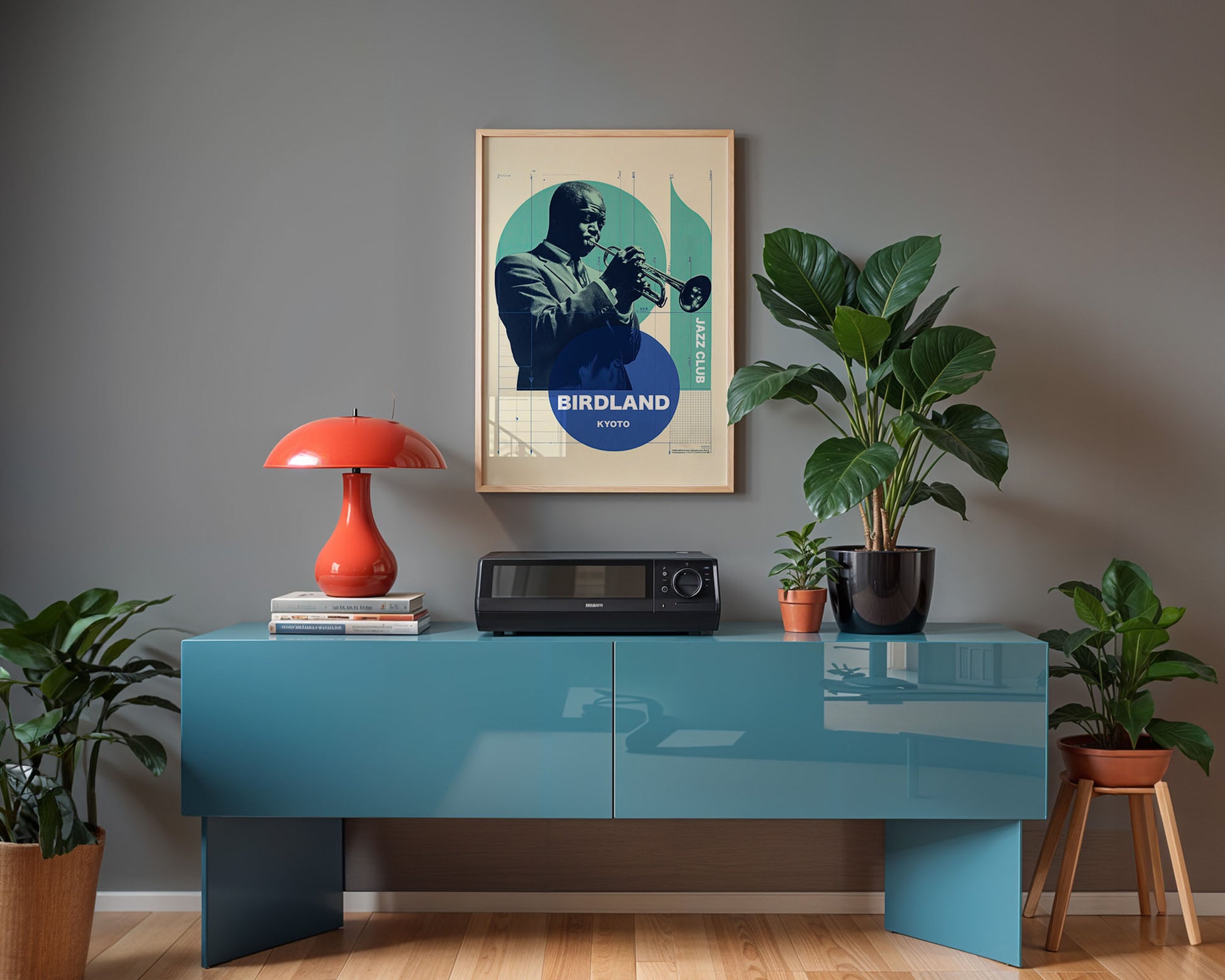 Colourful mid-century style poster adding bold accent to modern home interior