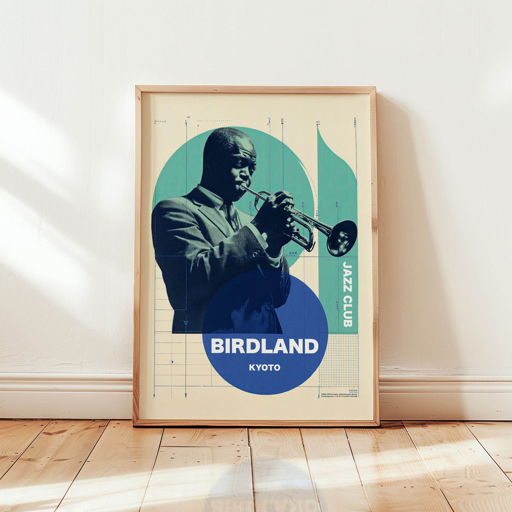 Birdland Kyoto jazz club wall art print featuring trumpet player in modern mid-century style design from Wallgarde
