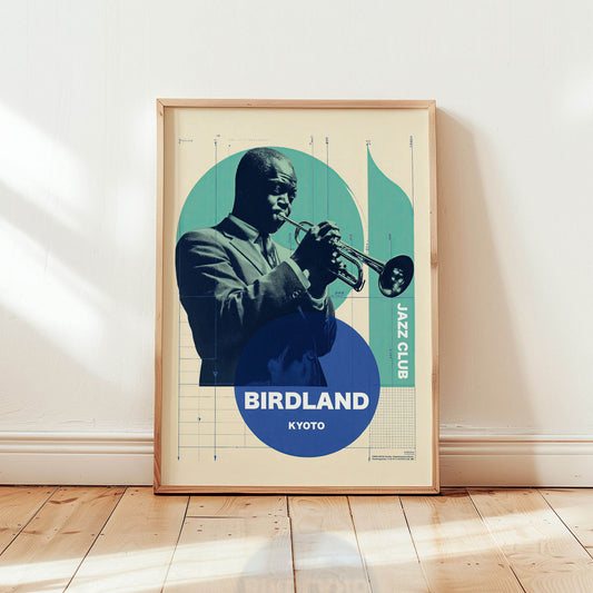Birdland Kyoto jazz club wall art print featuring trumpet player in modern mid-century style design from Wallgarde
