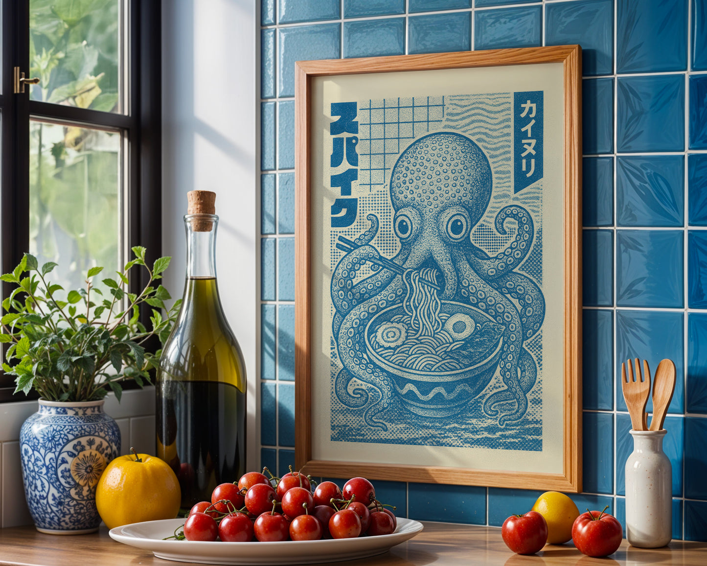 Blue Japanese octopus ramen poster illustration with noodles, in a modern tiled blue kitchen .