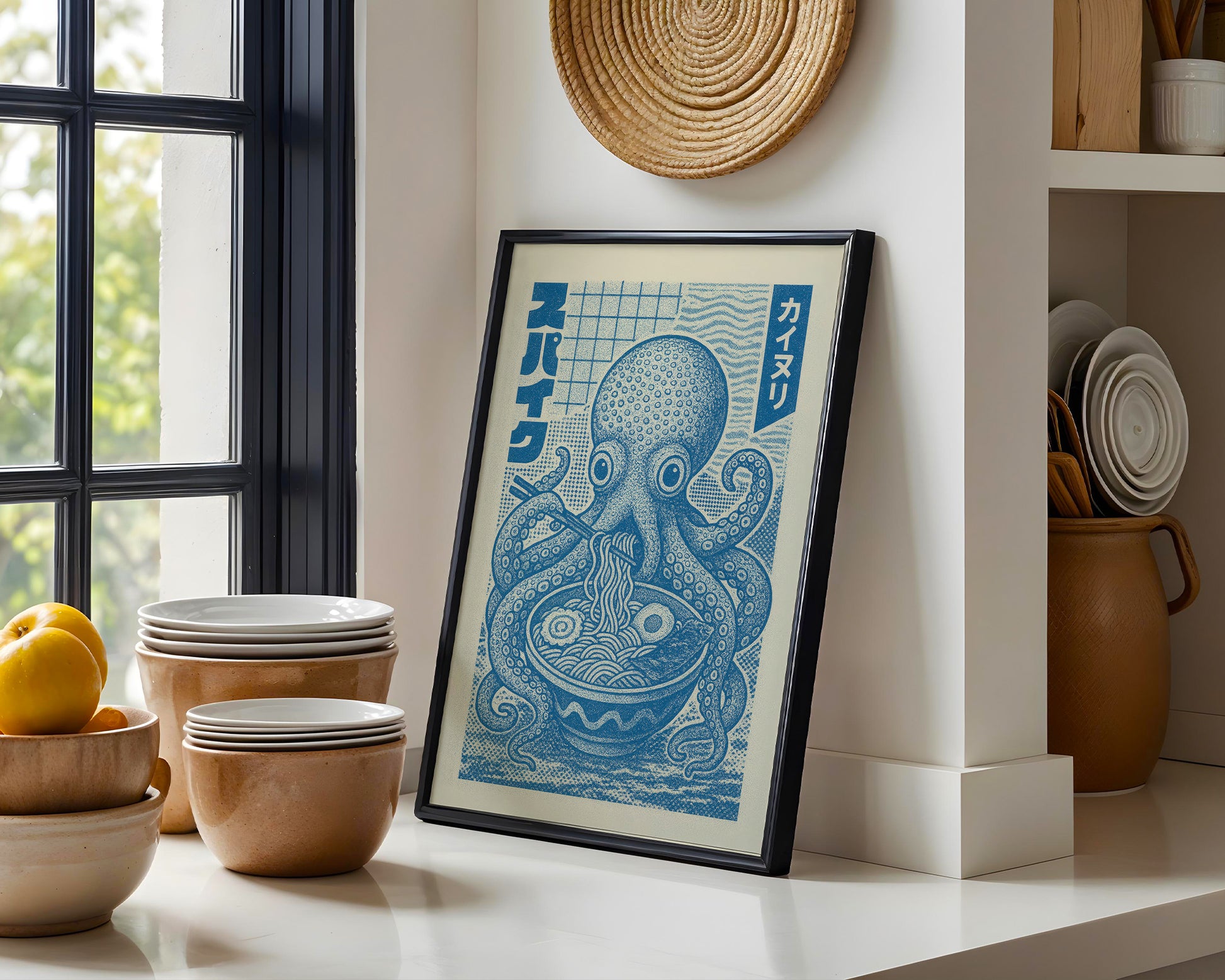 Japanese ramen poster with octopus eating noodles illustration in a modern kitchen interior. 