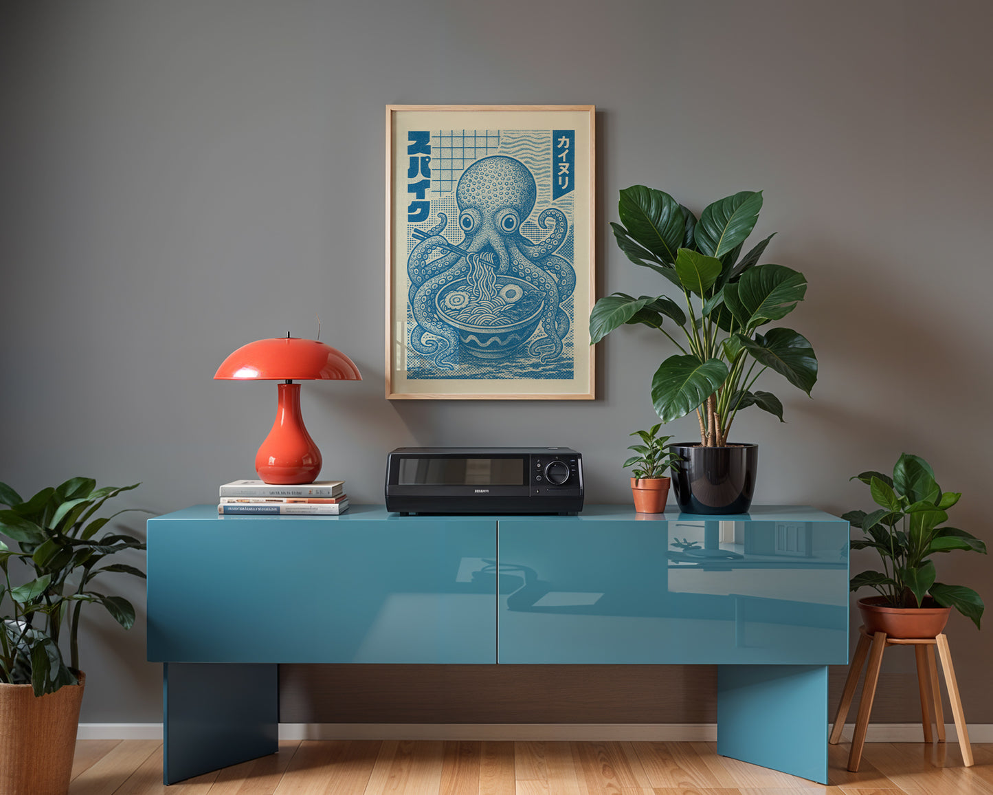 Mid-century modern poster styled in clean Scandinavian inspired living space