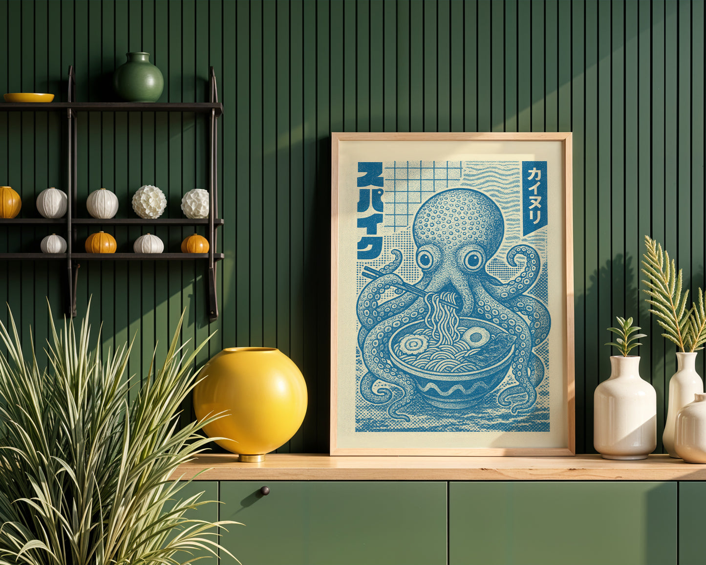 Colourful mid-century Japanese style poster adding bold accent to modern kitchen home interior