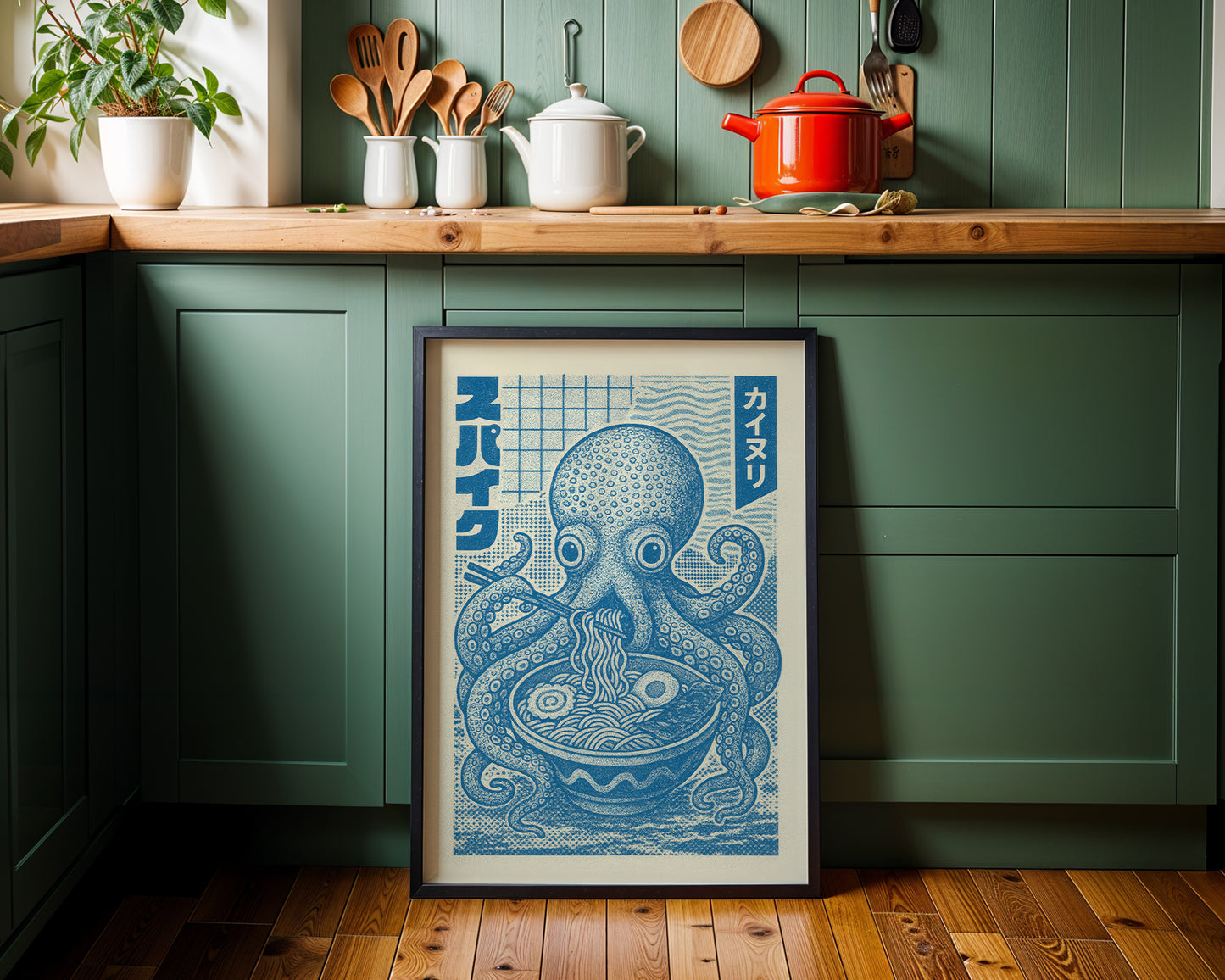 Mid-century modern wall art print featured in neutral green kitchen interior design space