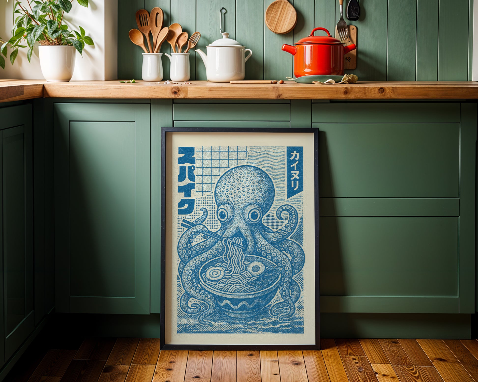 Mid-century modern wall art print featured in neutral green kitchen interior design space