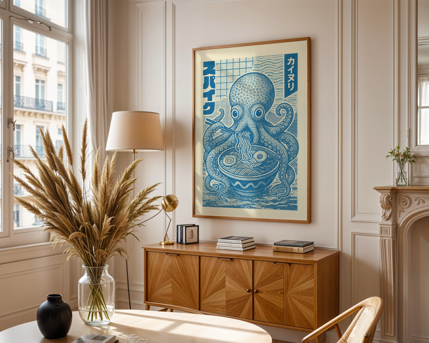 Mid-century inspired art poster styled above sofa in modern home decor setting