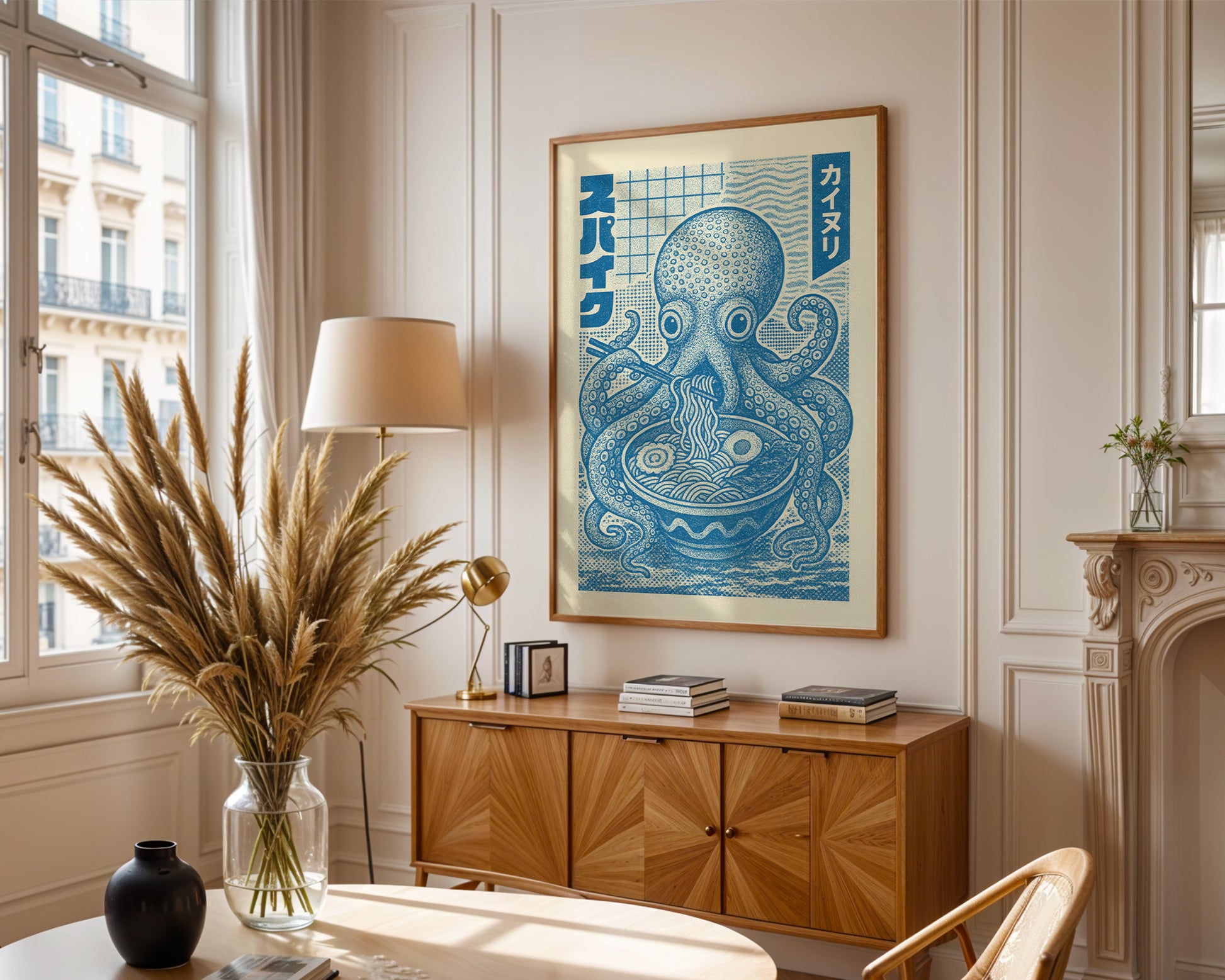 Mid-century inspired art poster styled above sofa in modern home decor setting