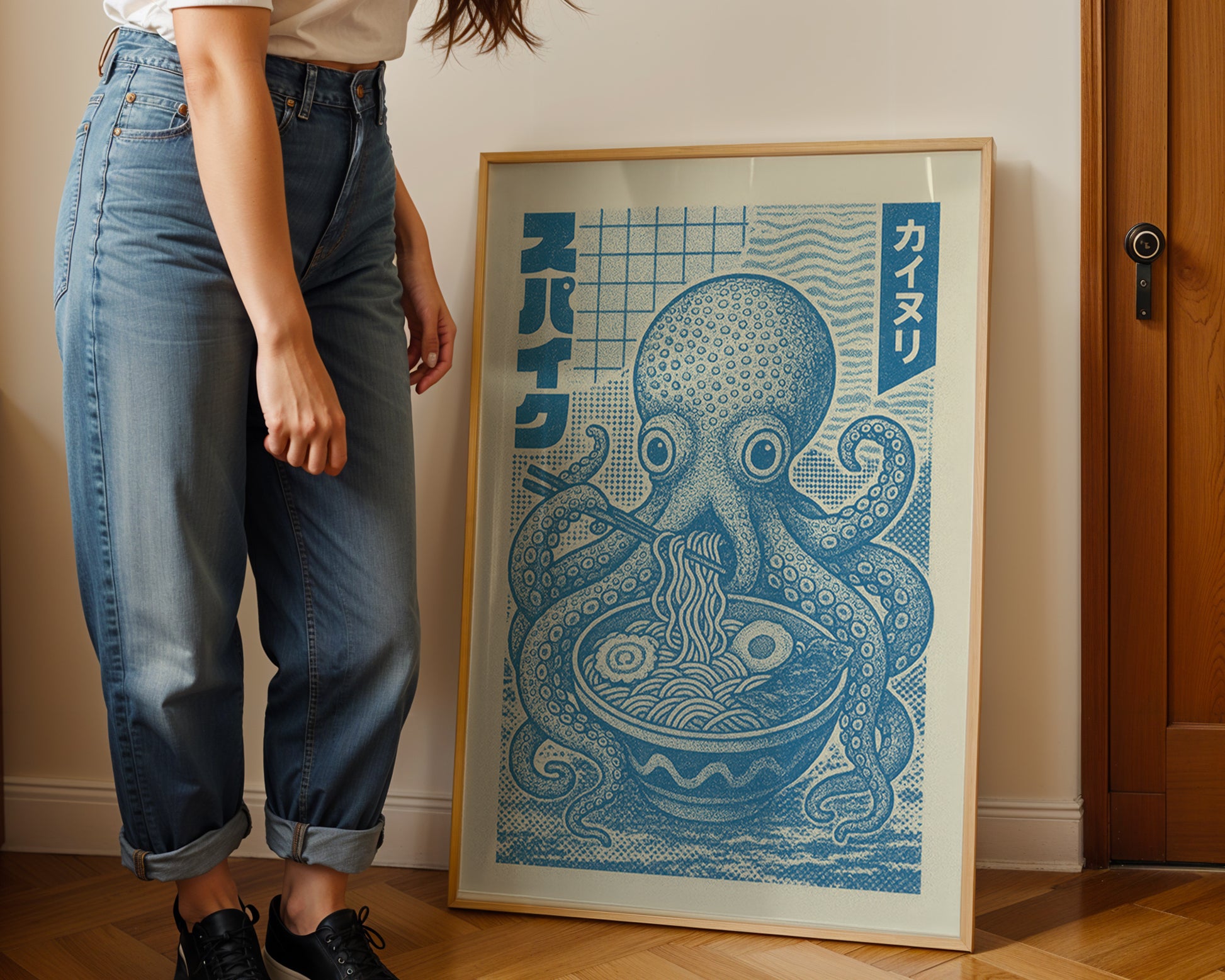 Framed mid-century style wall art print styled against minimalist interior wall