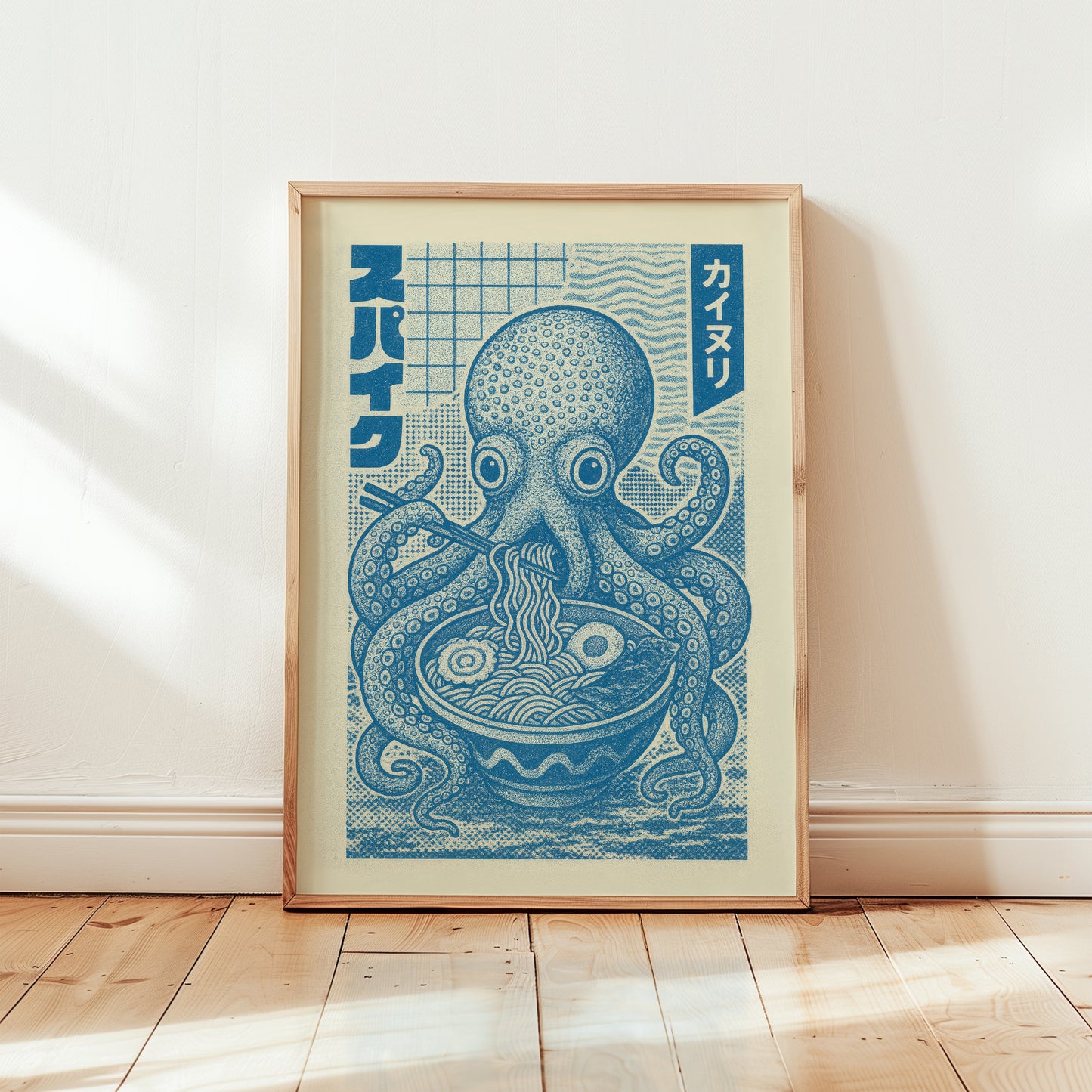 Framed blue ramen octopus Japanese art print in wooden frame, single colour woodblock style risograph illustration on cream background