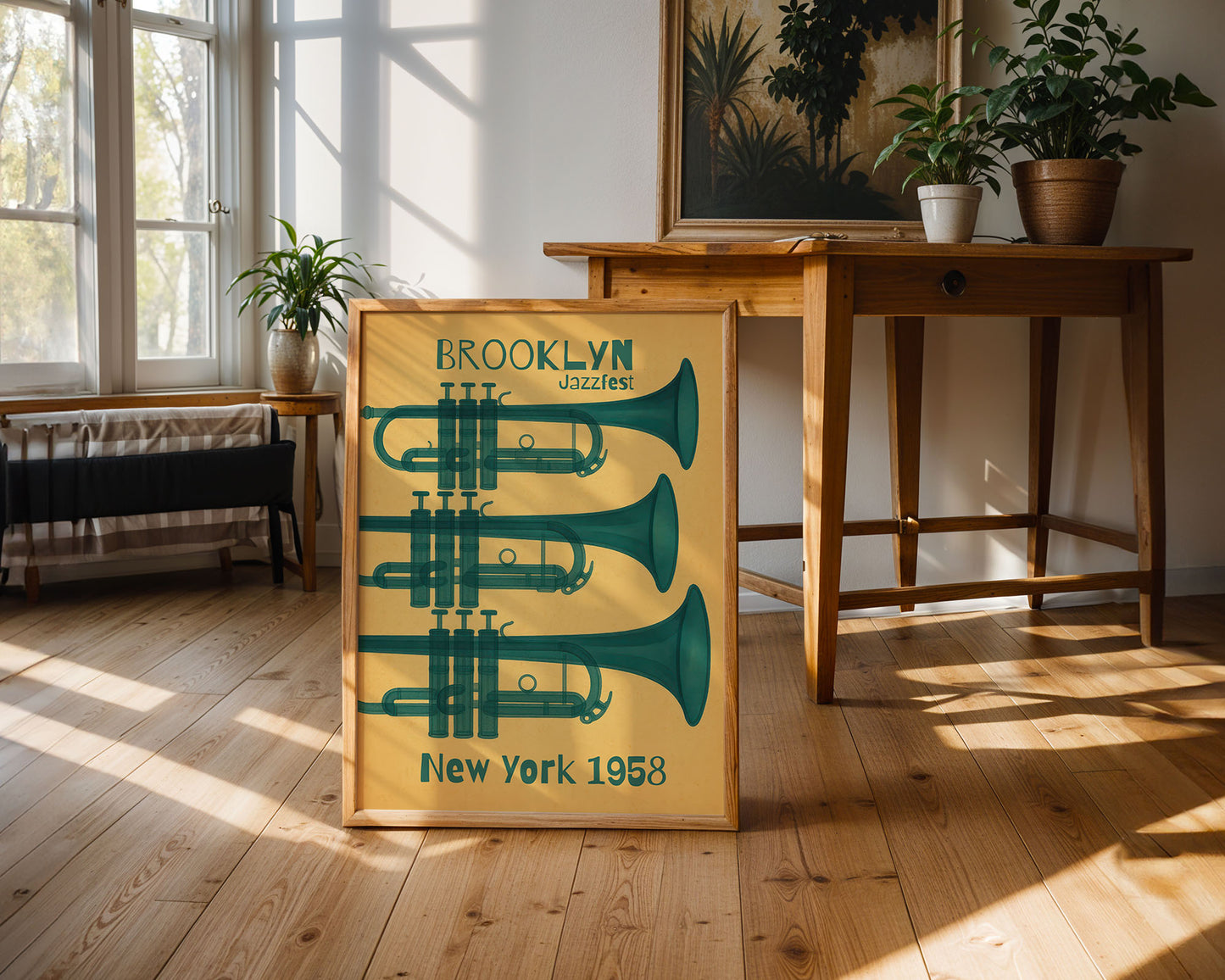 Poster with green trumpet design and text in a sunlit room with wooden floor and table.