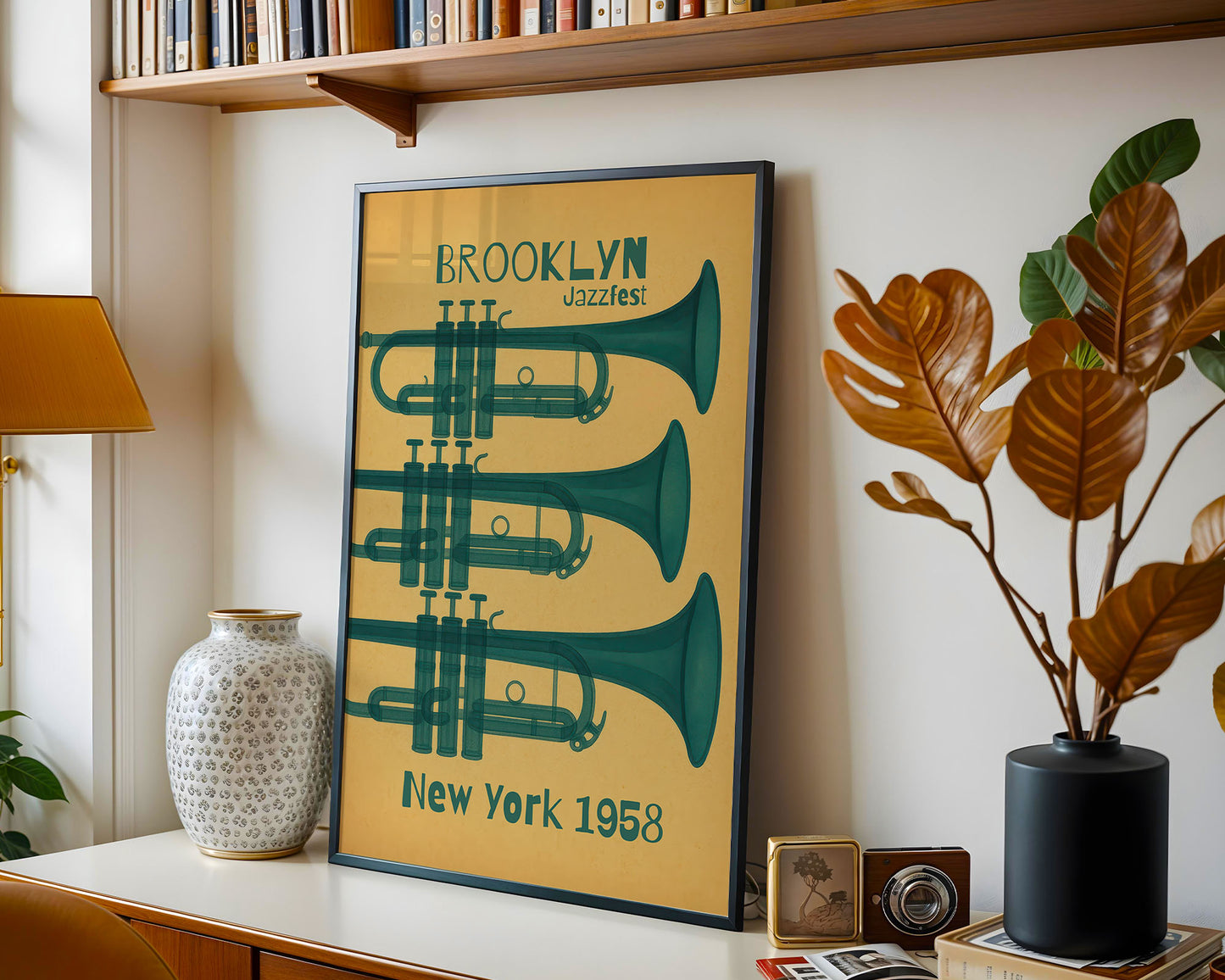 Mid-century modern poster wall art displayed in contemporary living room interior