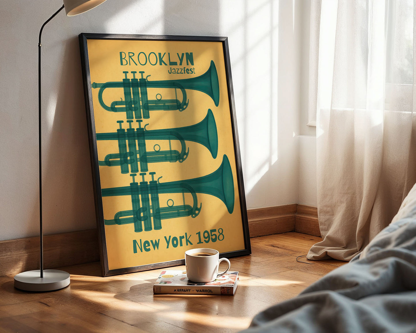 Mid-century modern poster wall art displayed in contemporary bedroom room interior