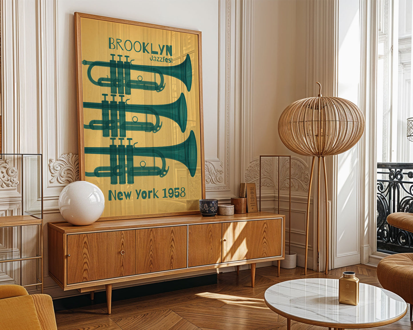 Mid-century modern wall art print featured in neutral interior design space