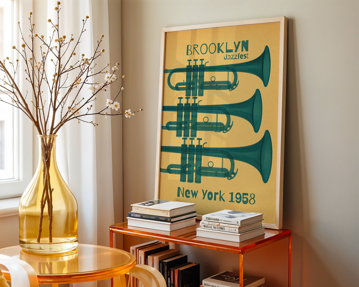 Colourful mid-century style poster adding bold accent to modern home interior