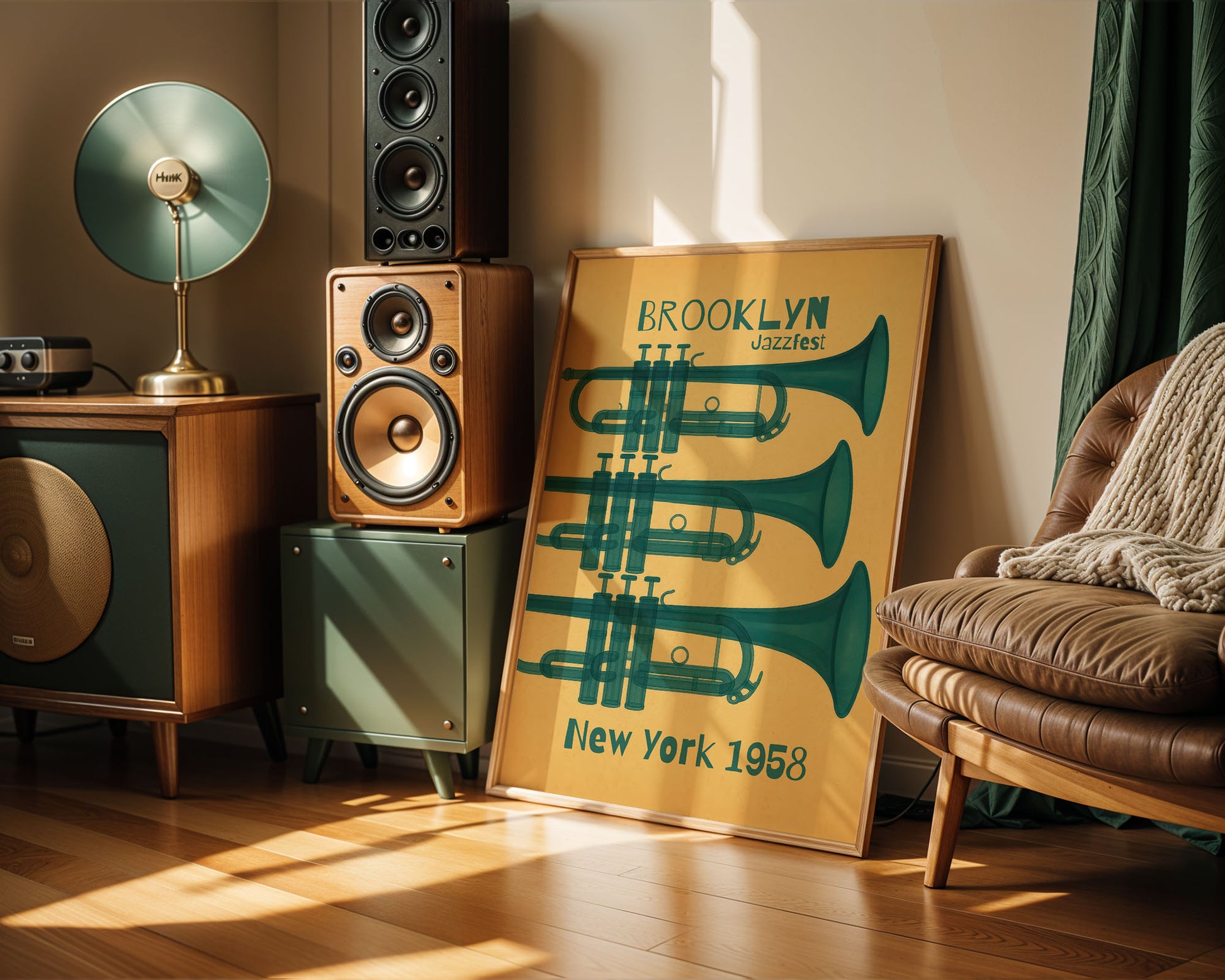 Room interior with speakers, a lamp, and a poster of trumpets on a wall.