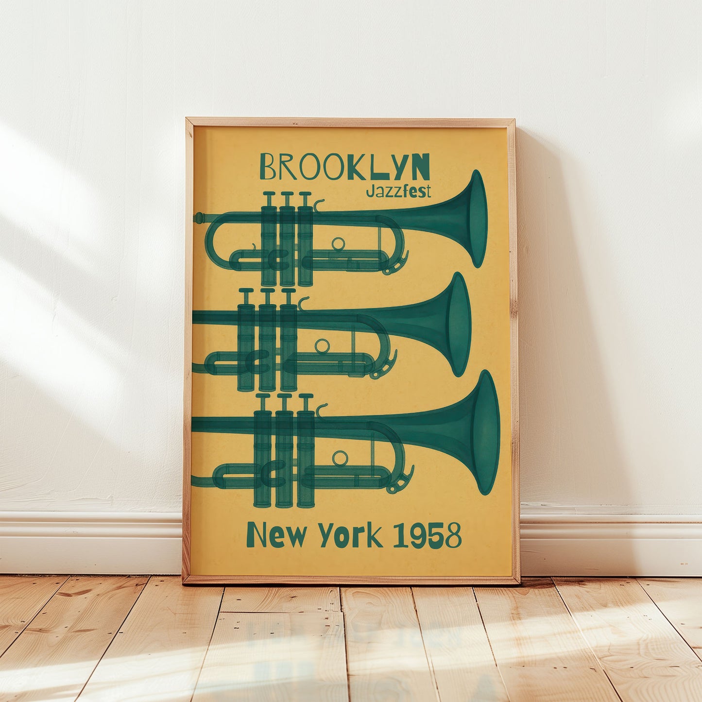 Brooklyn Jazzfest New York 1958 poster featuring teal trumpets on vintage yellow background in mid-century modern style from Wallgarde
