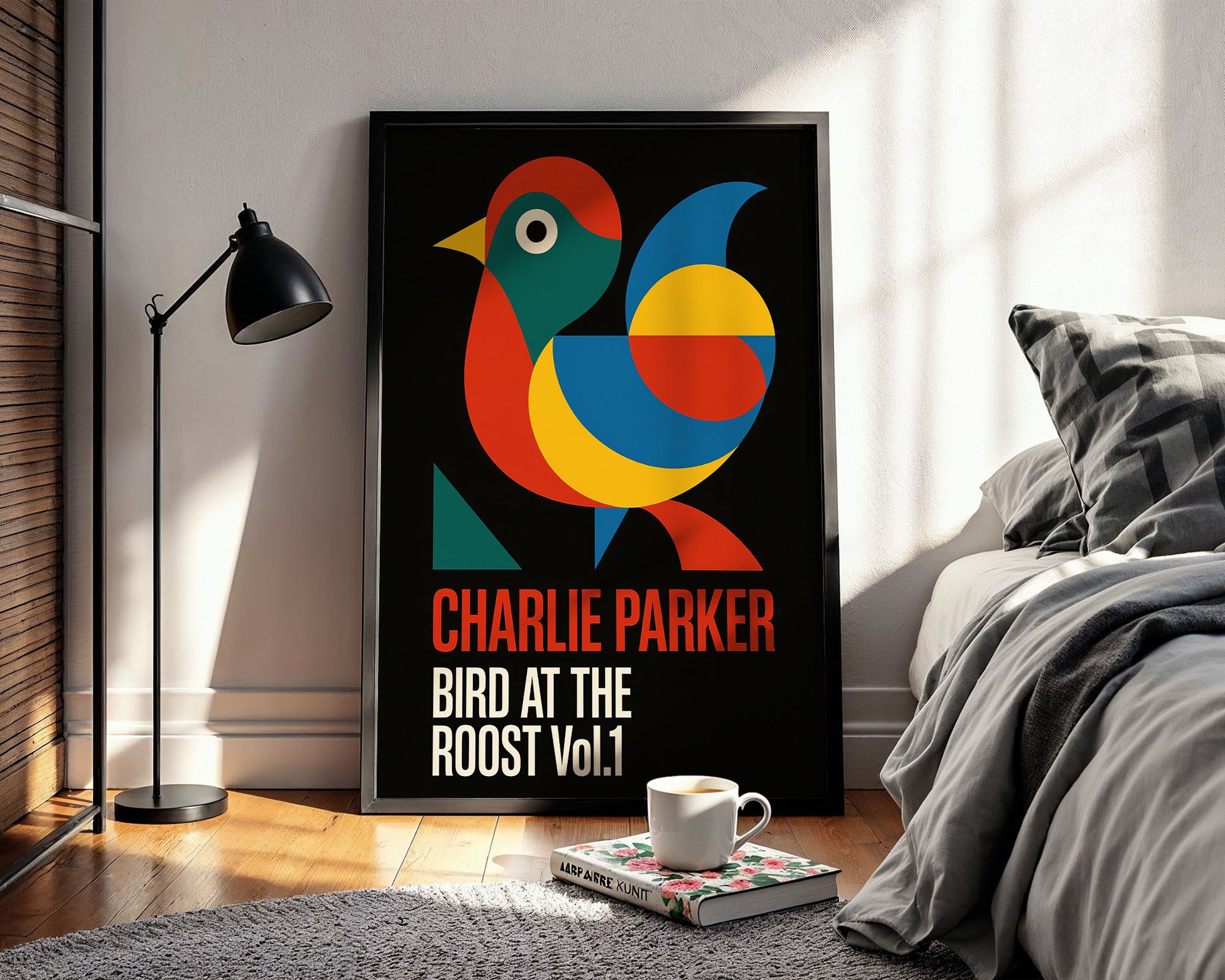 Framed poster of a colorful bird design with 'Charlie Parker' text in a bedroom setting.