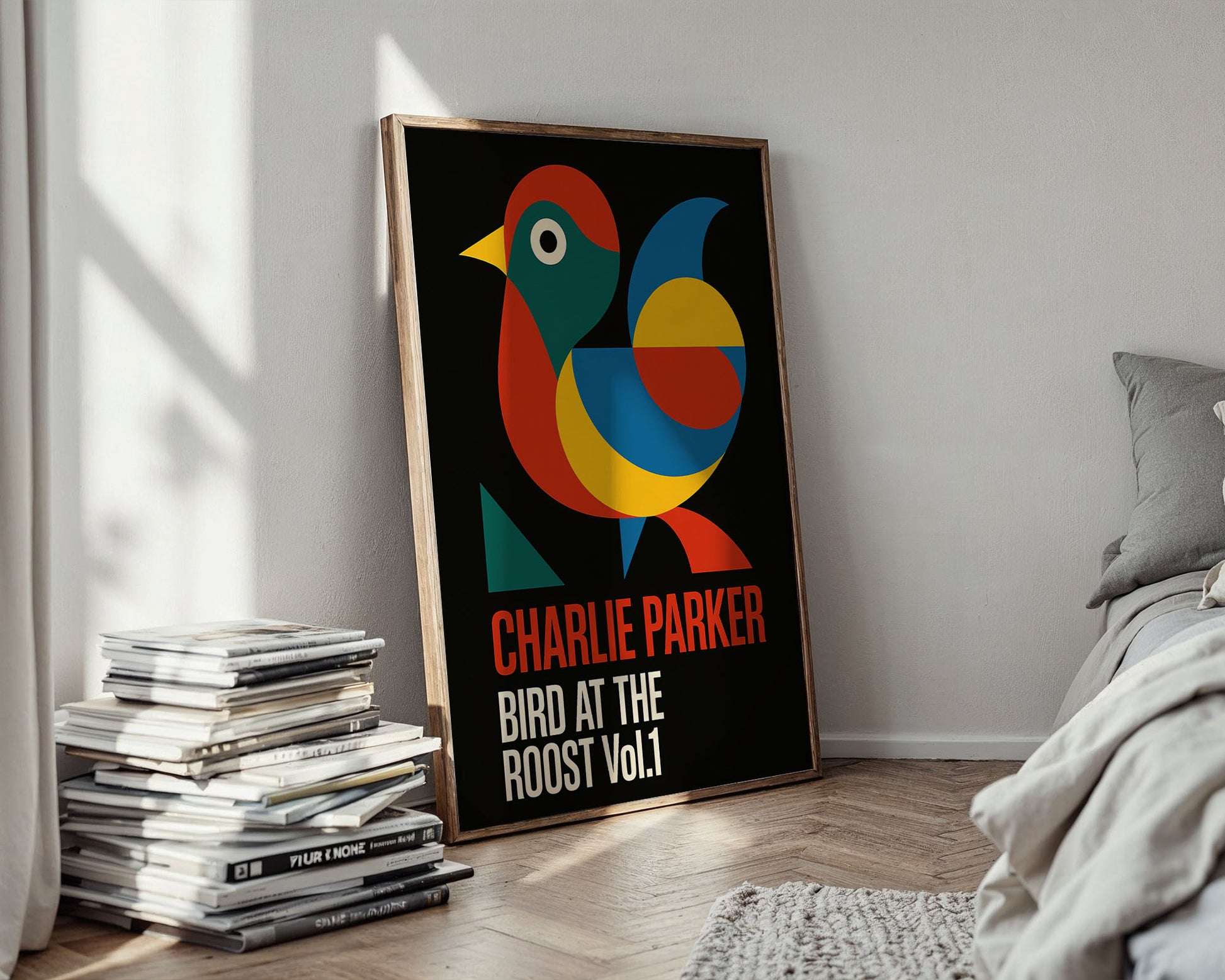 Colorful poster of a bird with text in a bedroom setting