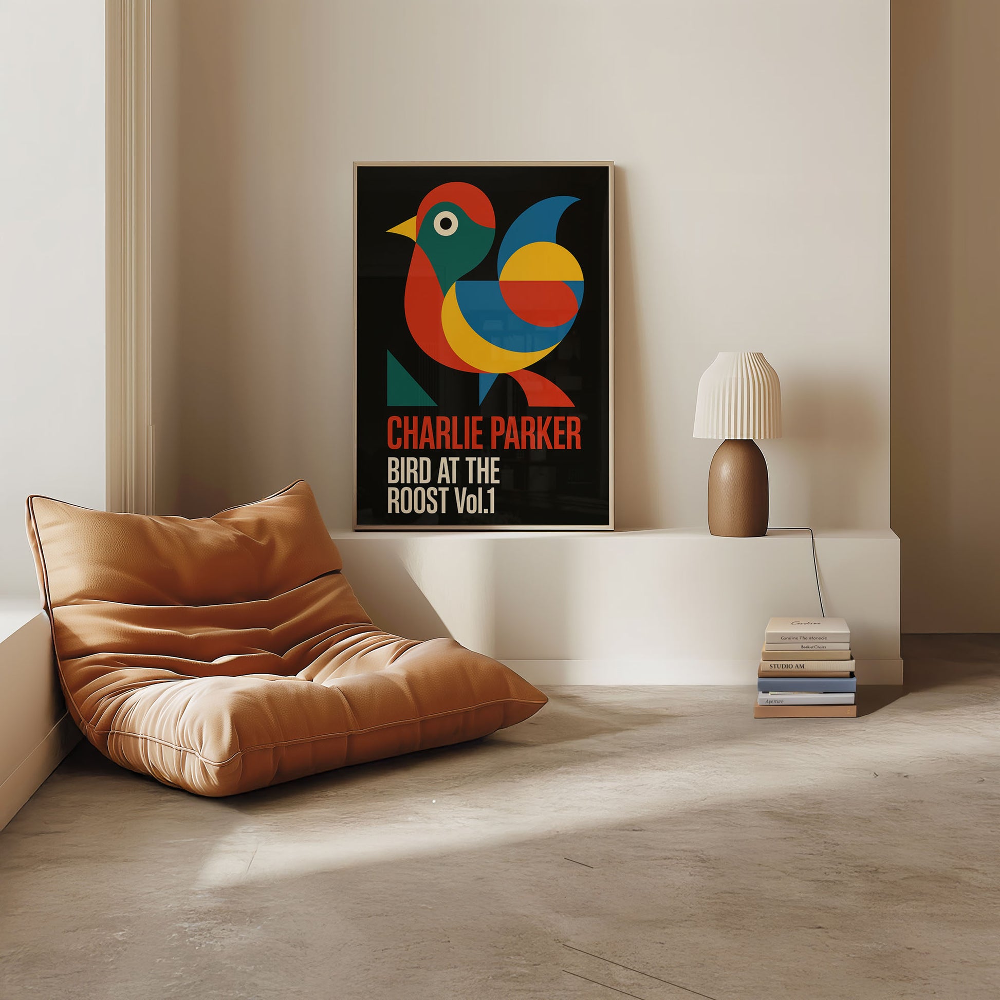 Modern interior with a colorful poster of Charlie Parker's 'Bird at the Roof' and a brown cushion.