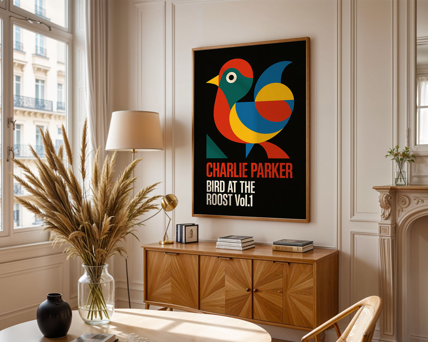 Mid-century modern poster styled in clean Scandinavian inspired living space