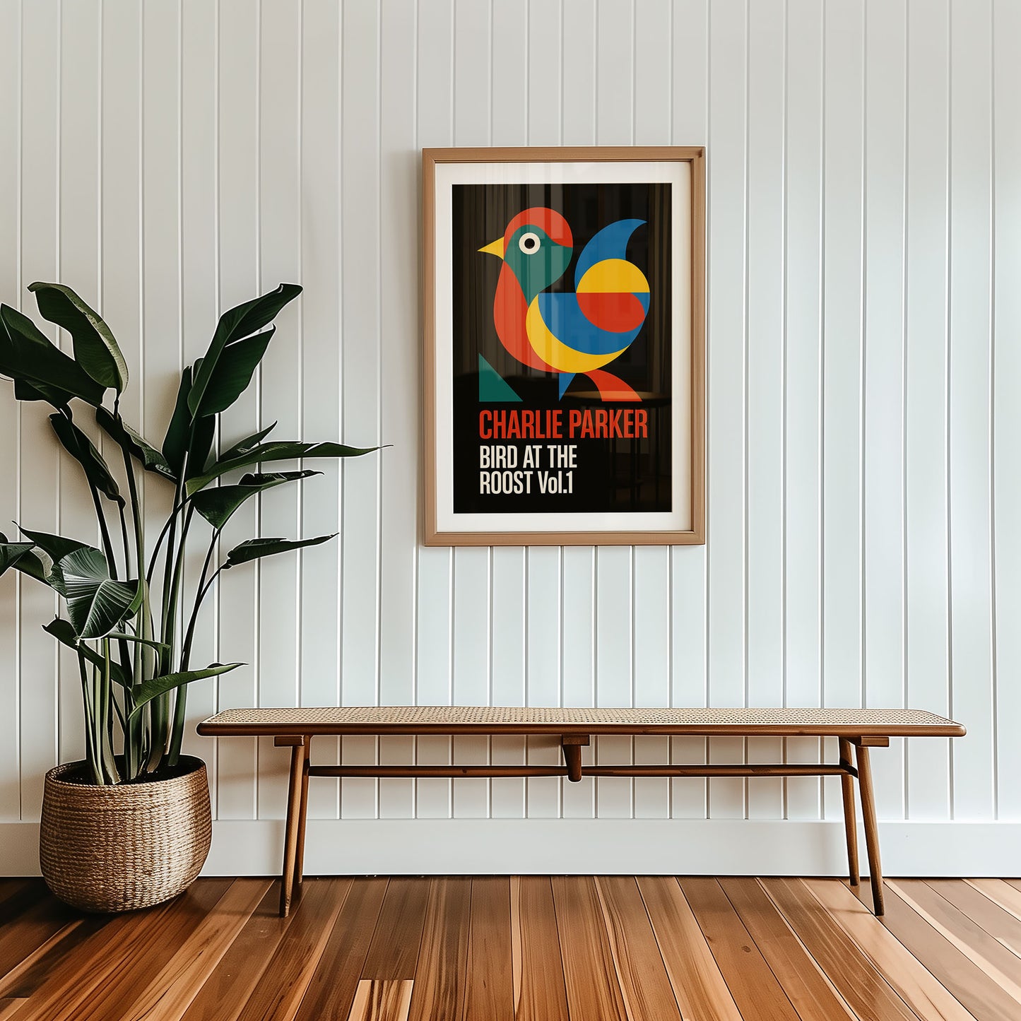Framed mid-century style wall art print styled against minimalist interior wall
