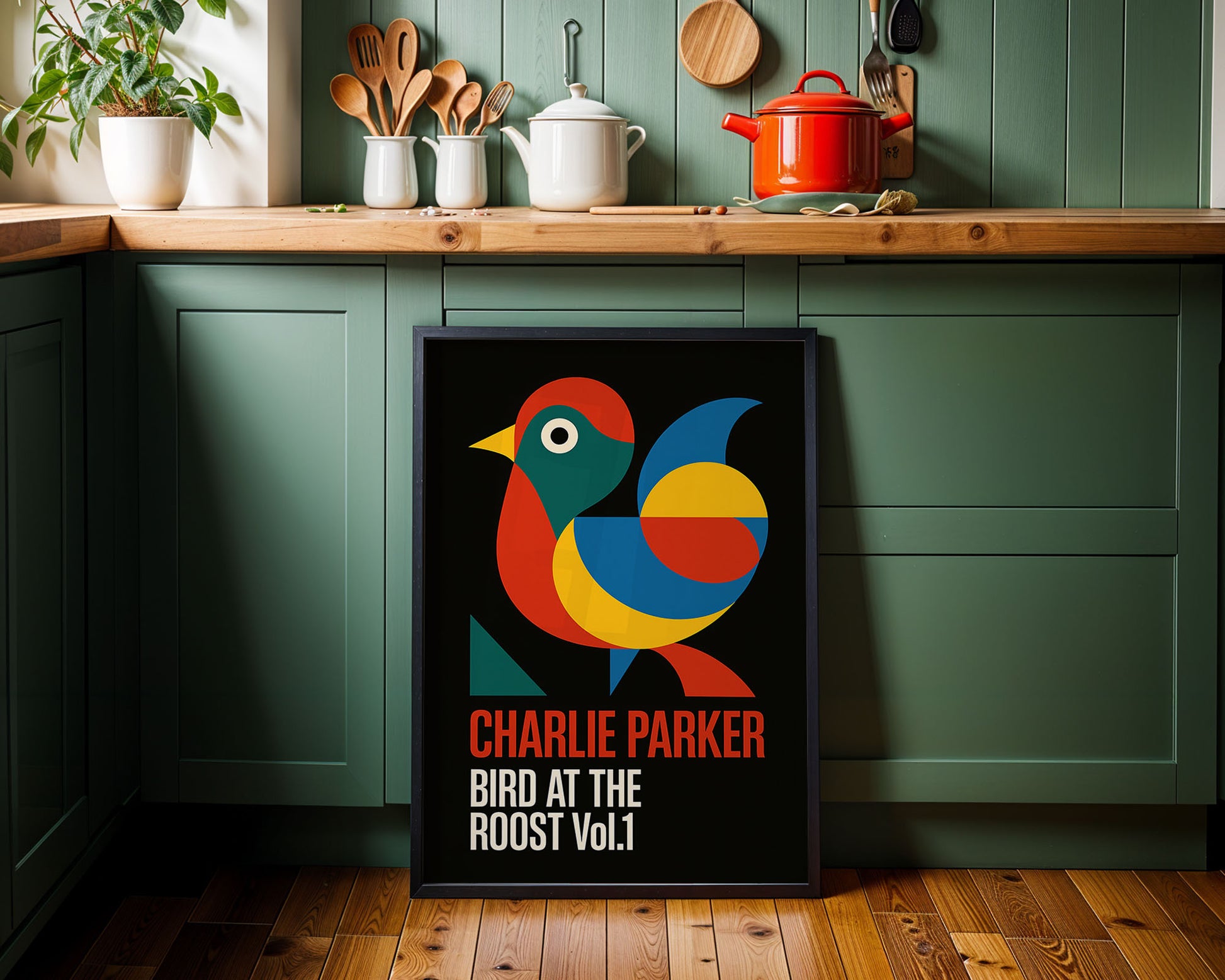 Colorful bird illustration poster on a kitchen wall with green cabinets and wooden countertop.