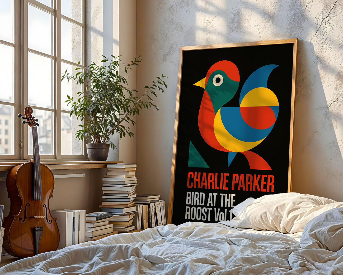 Framed poster of a colorful bird design with 'Charlie Parker' text in a room with a bed and window.