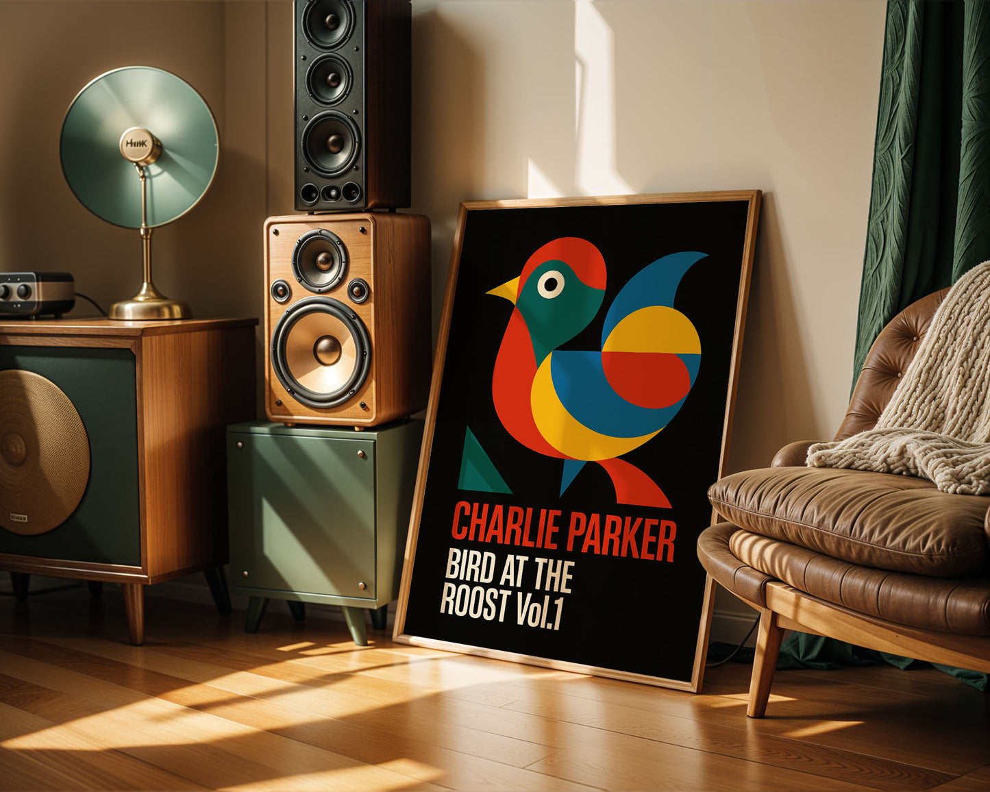 Room interior with speakers, a lamp, and a framed poster of Charlie Parker's 'Bird at the Roost Vol. 1' in a living room.