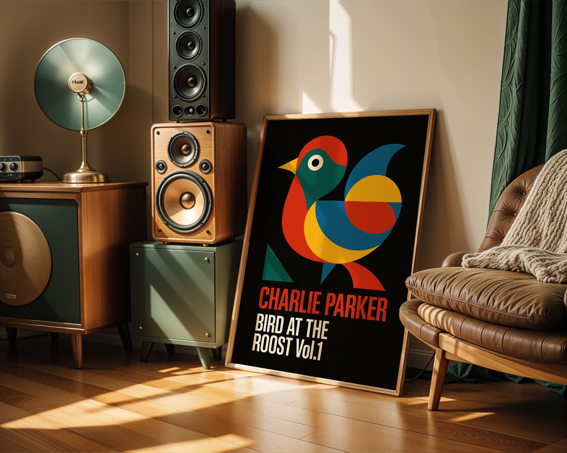 Room interior with speakers, a lamp, and a framed poster of Charlie Parker's 'Bird at the Roost Vol. 1' in a living room.
