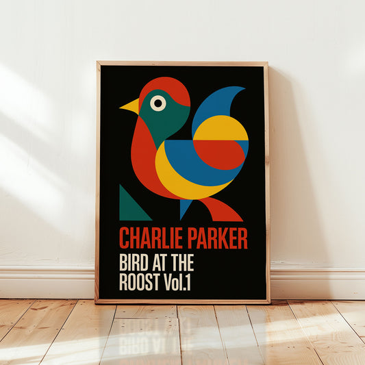 Charlie Parker Bird at the Roost poster featuring bold geometric bird illustration on black background in mid-century modern style from Wallgarde
