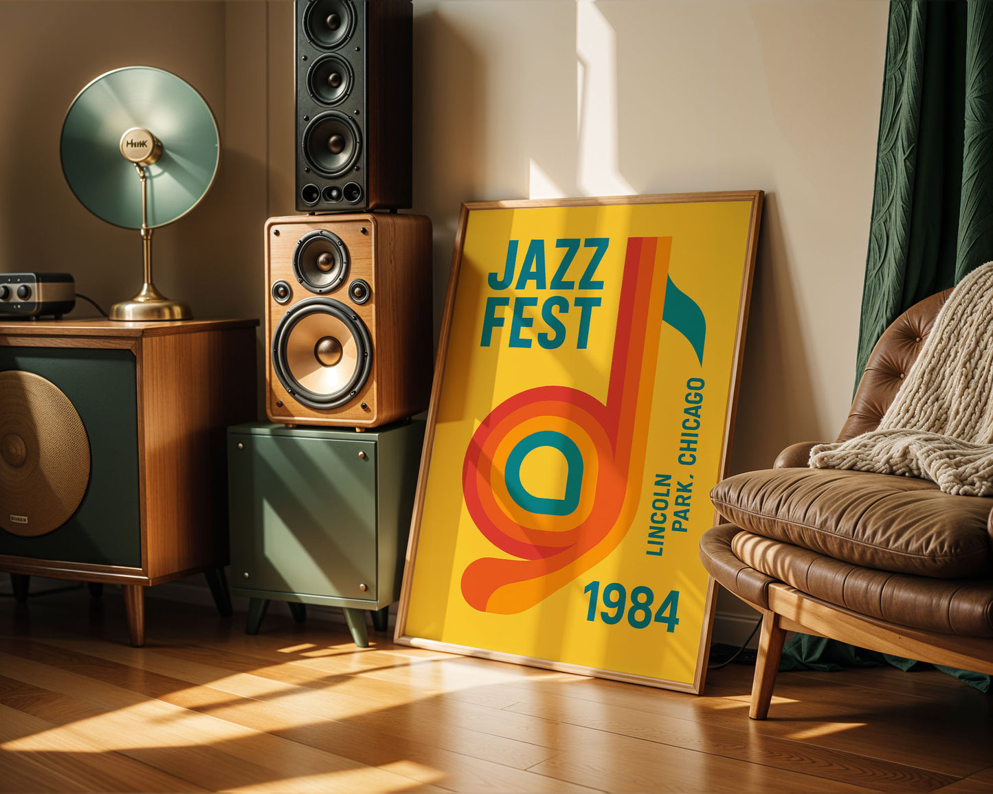 Room interior with a Jazz Fest 1984 poster, speakers, and a lamp.