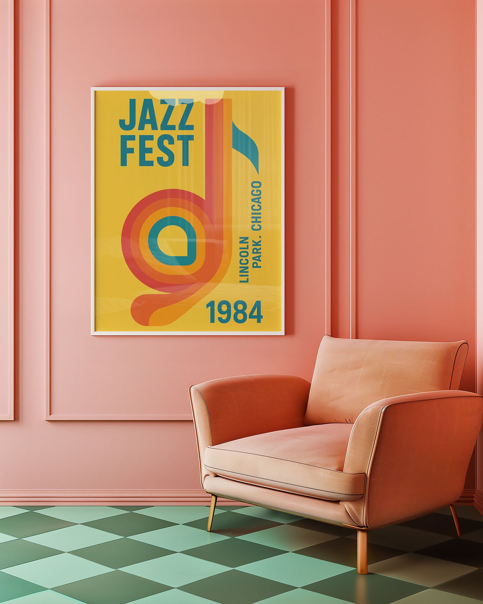Colorful 'Jazz Fest' poster on a pink wall above a peach armchair.