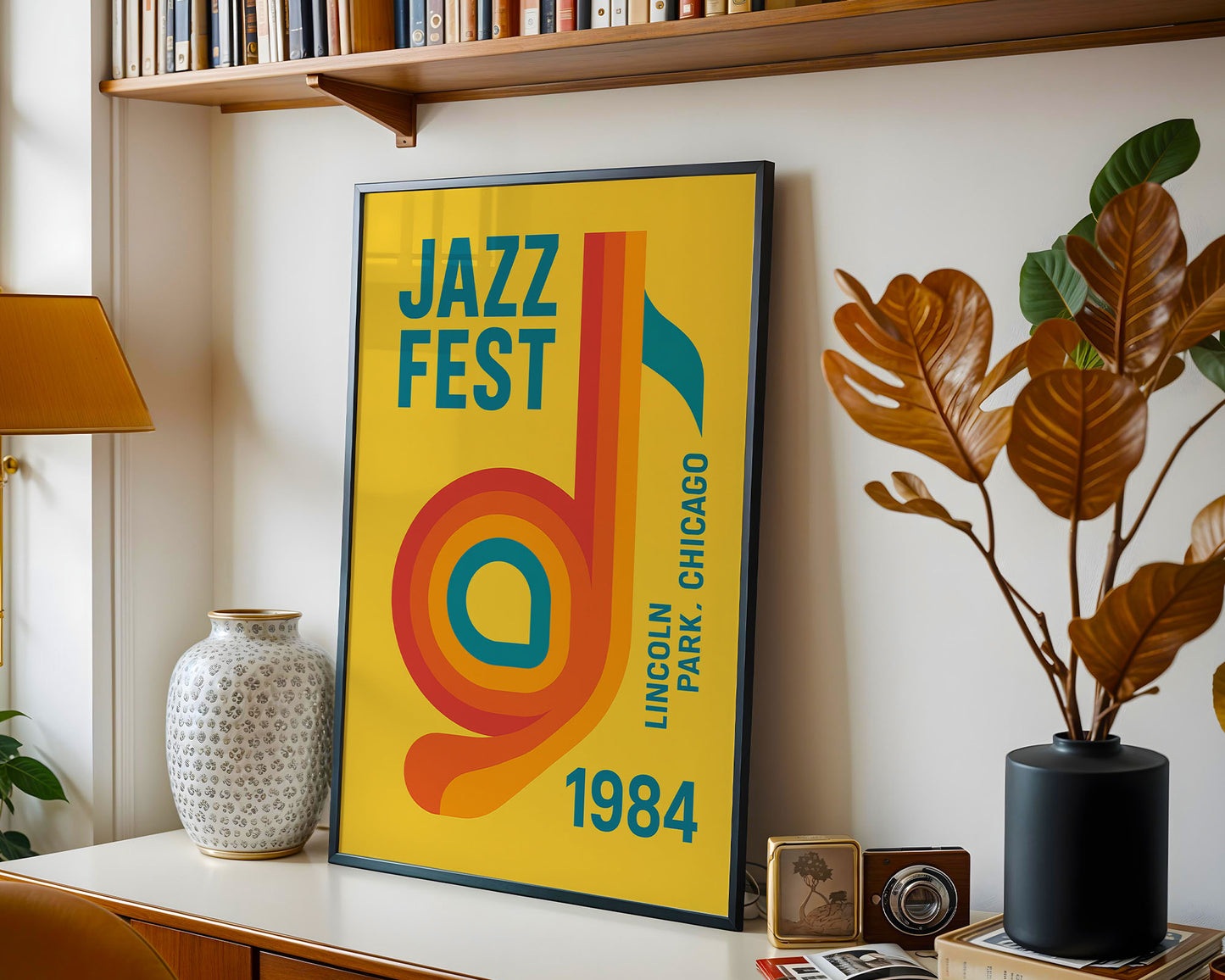 Framed Jazz Fest poster on a shelf with decorative items