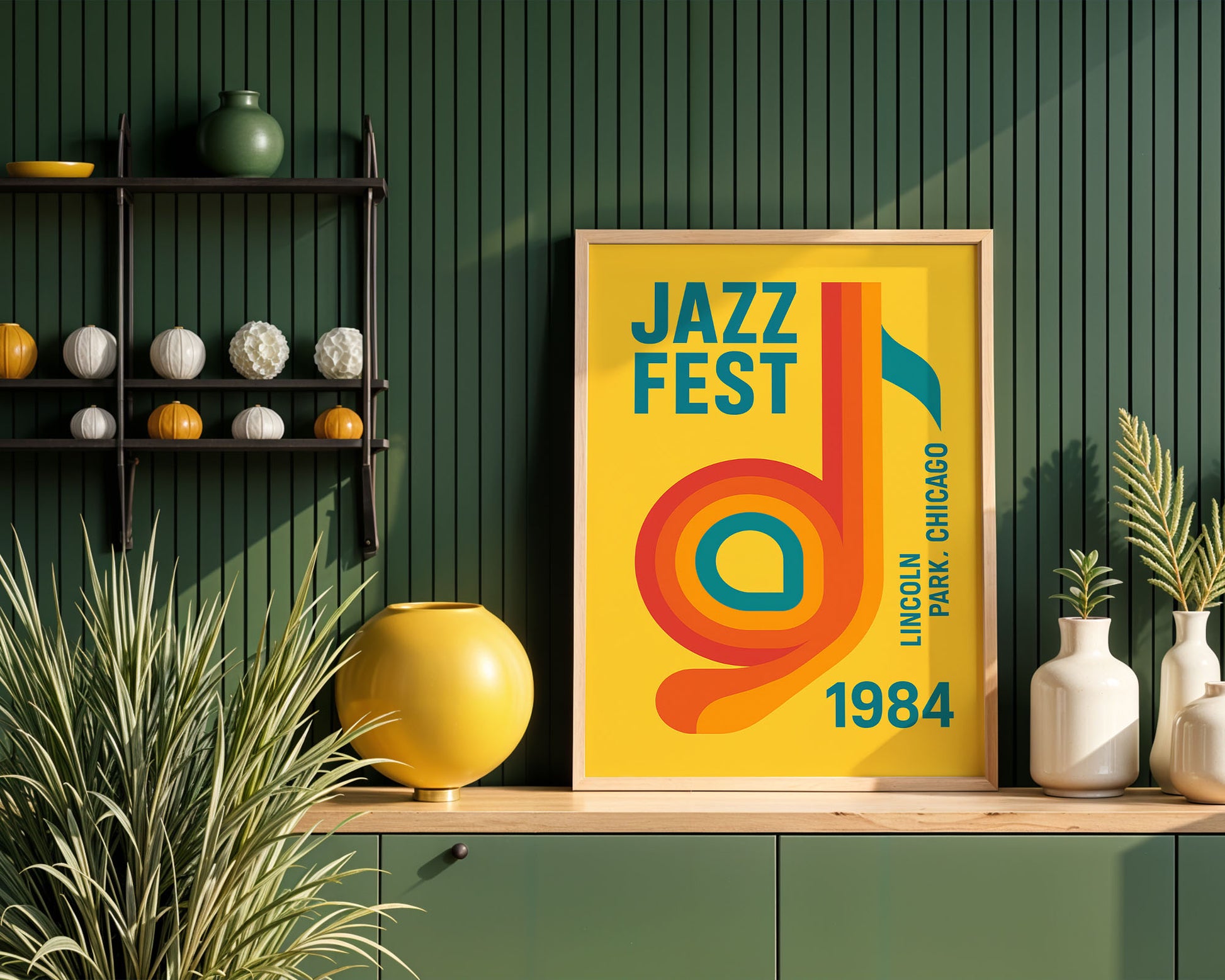 Framed Jazz Fest poster on a wooden shelf with decorative items against a green wall.
