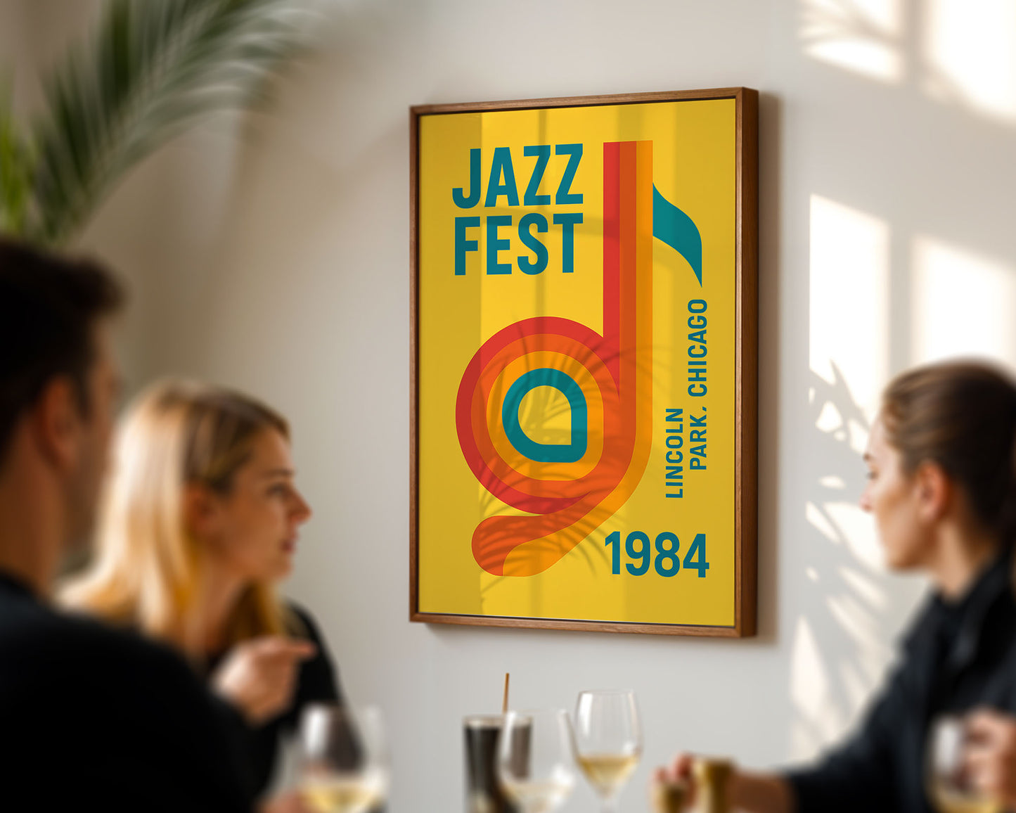 Framed Jazz Fest poster on a wall with people in the foreground