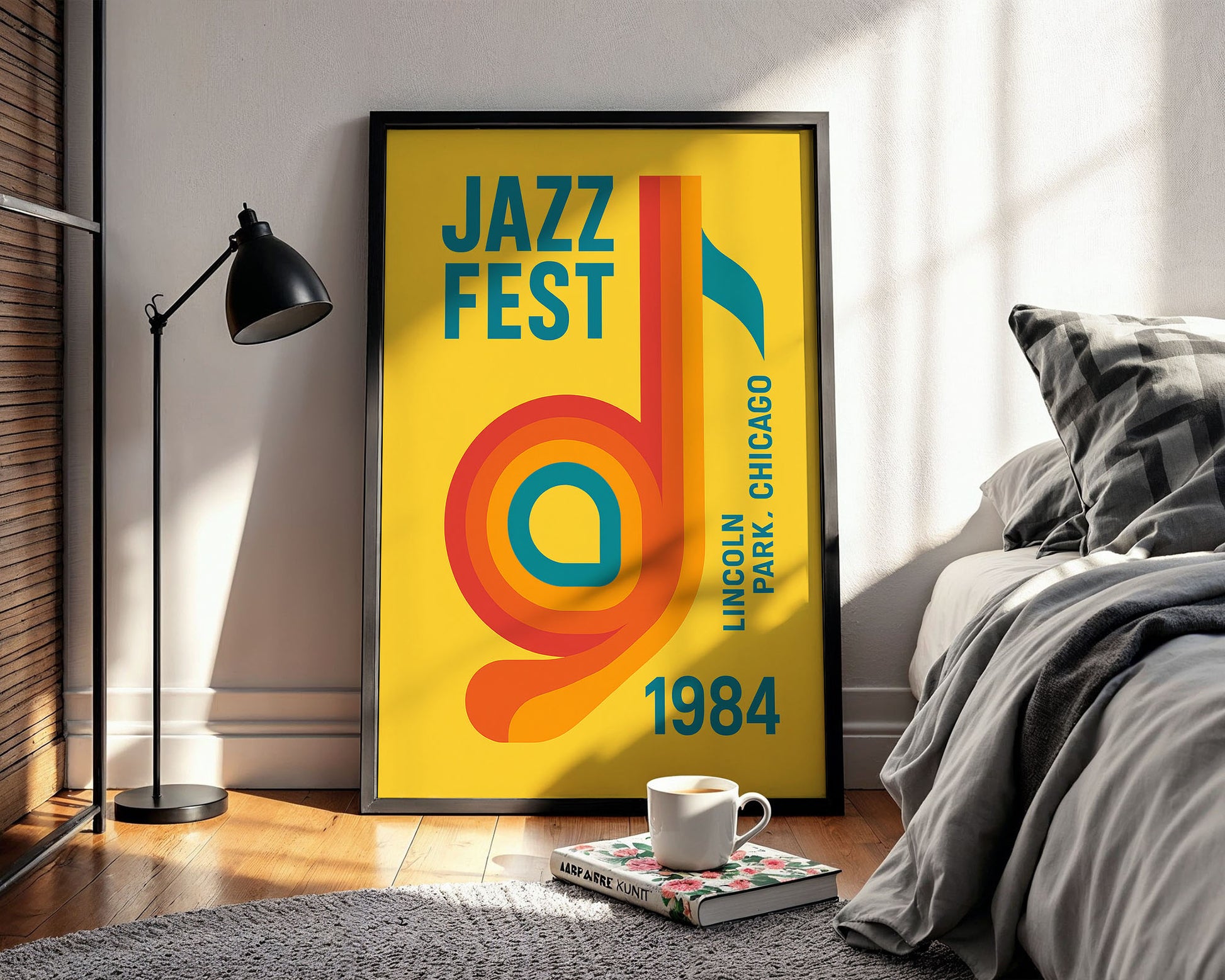 Framed Jazz Fest poster in a room with a bed and lamp