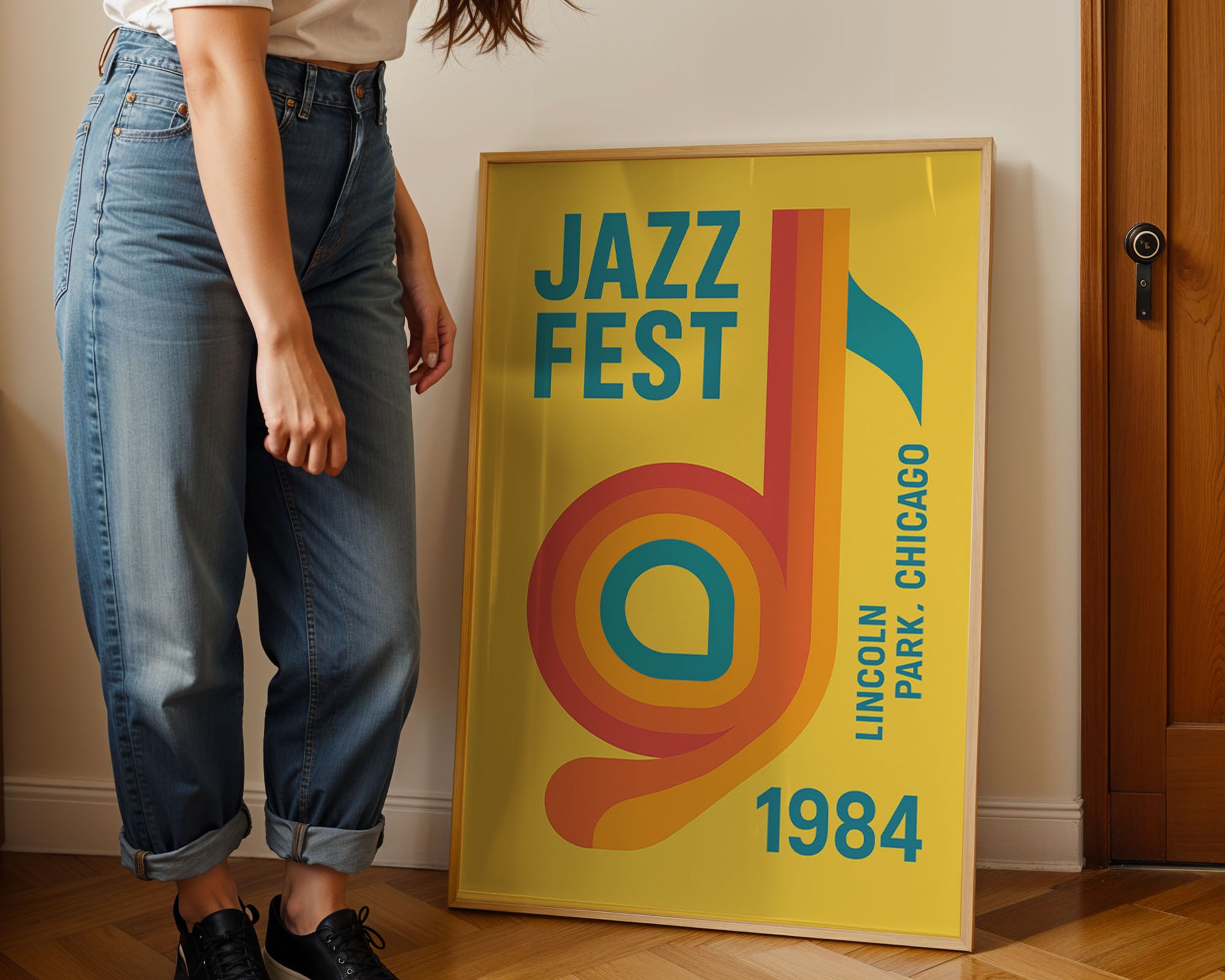 Person standing next to a framed 'Jazz Fest' poster from 1984 in Lincoln Park, Chicago.