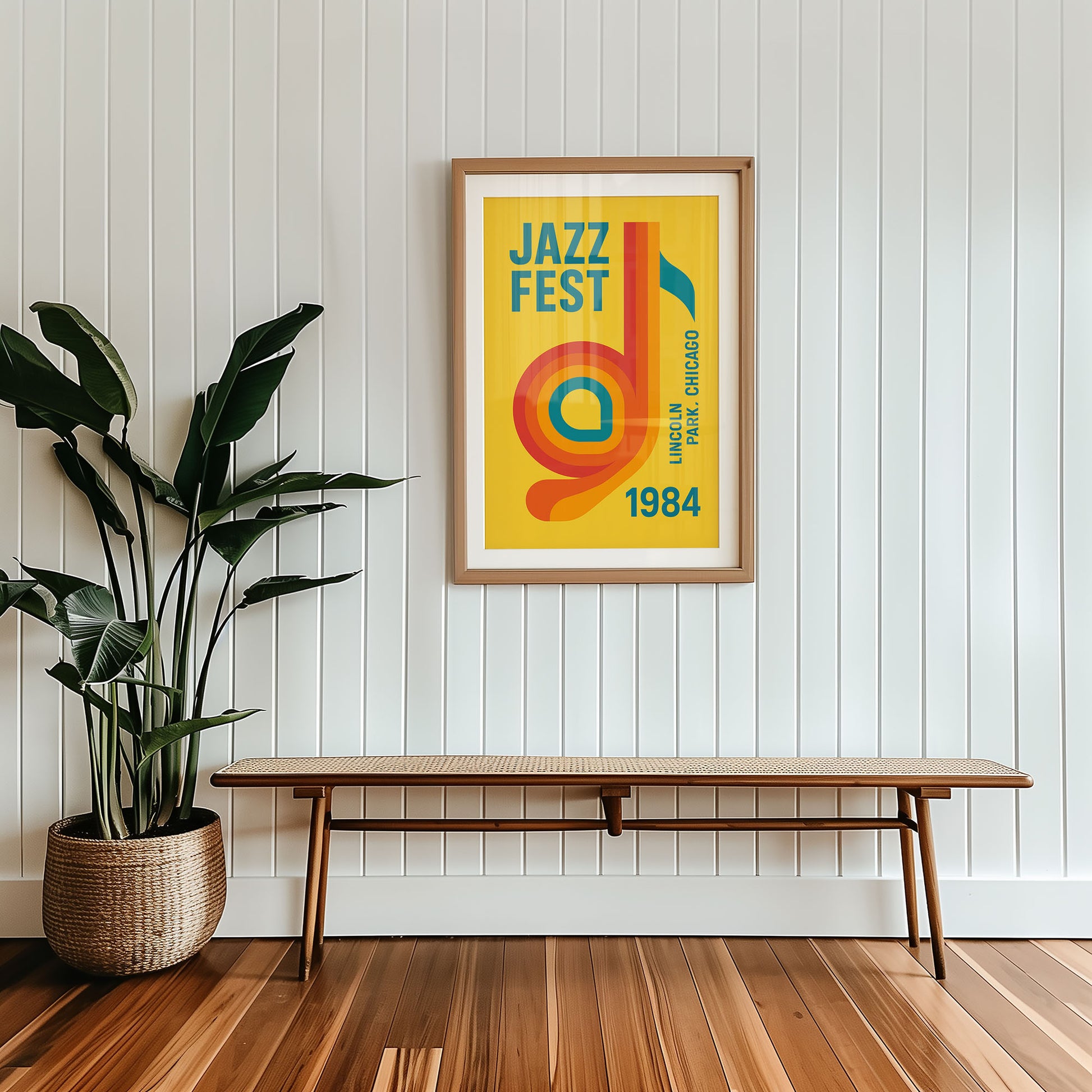 Framed mid-century  Jazz print styled against minimalist interior wall in a clean Scandinavian inspired living space