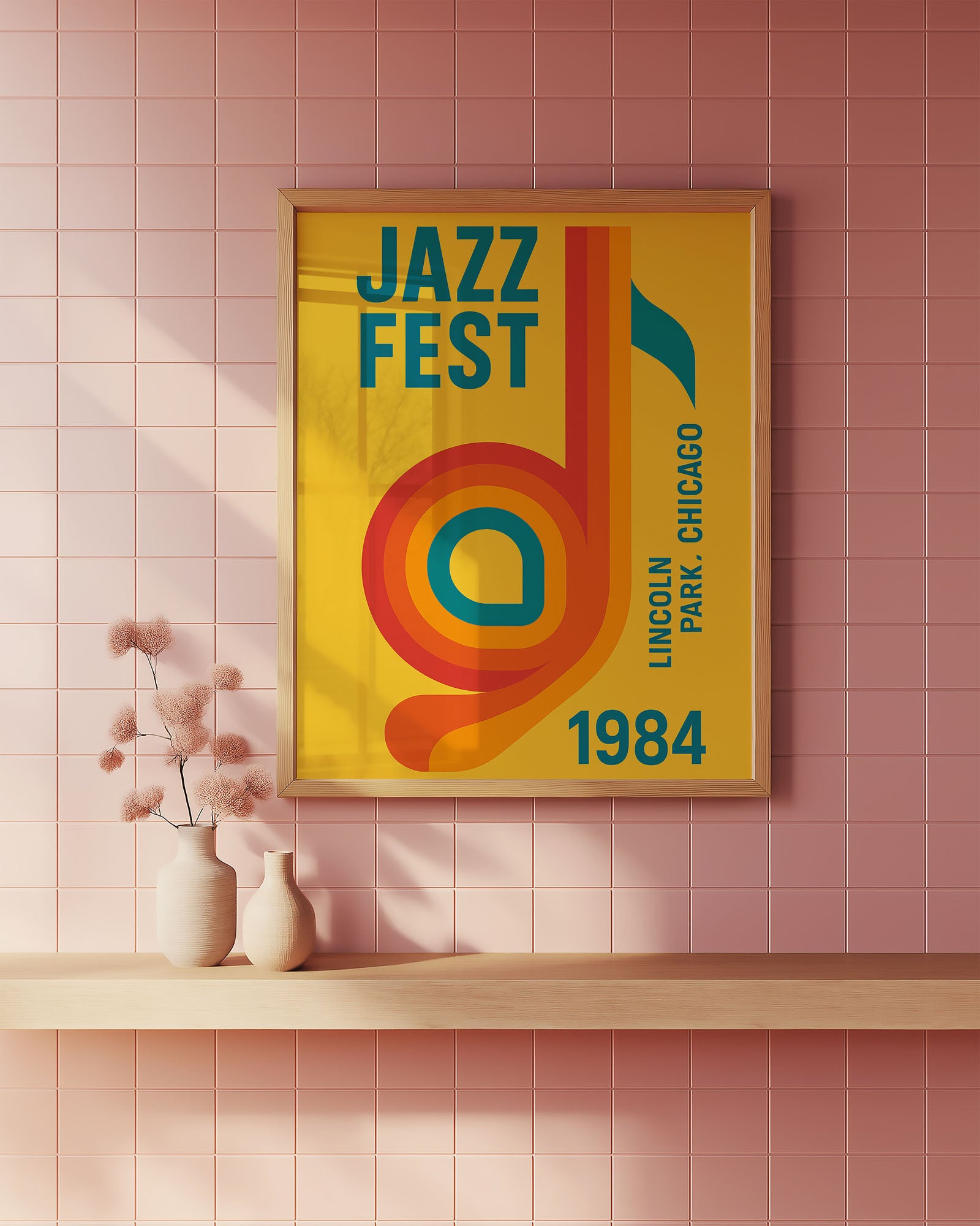 Framed Jazz Fest poster on a pink tiled wall with a shelf and vase.