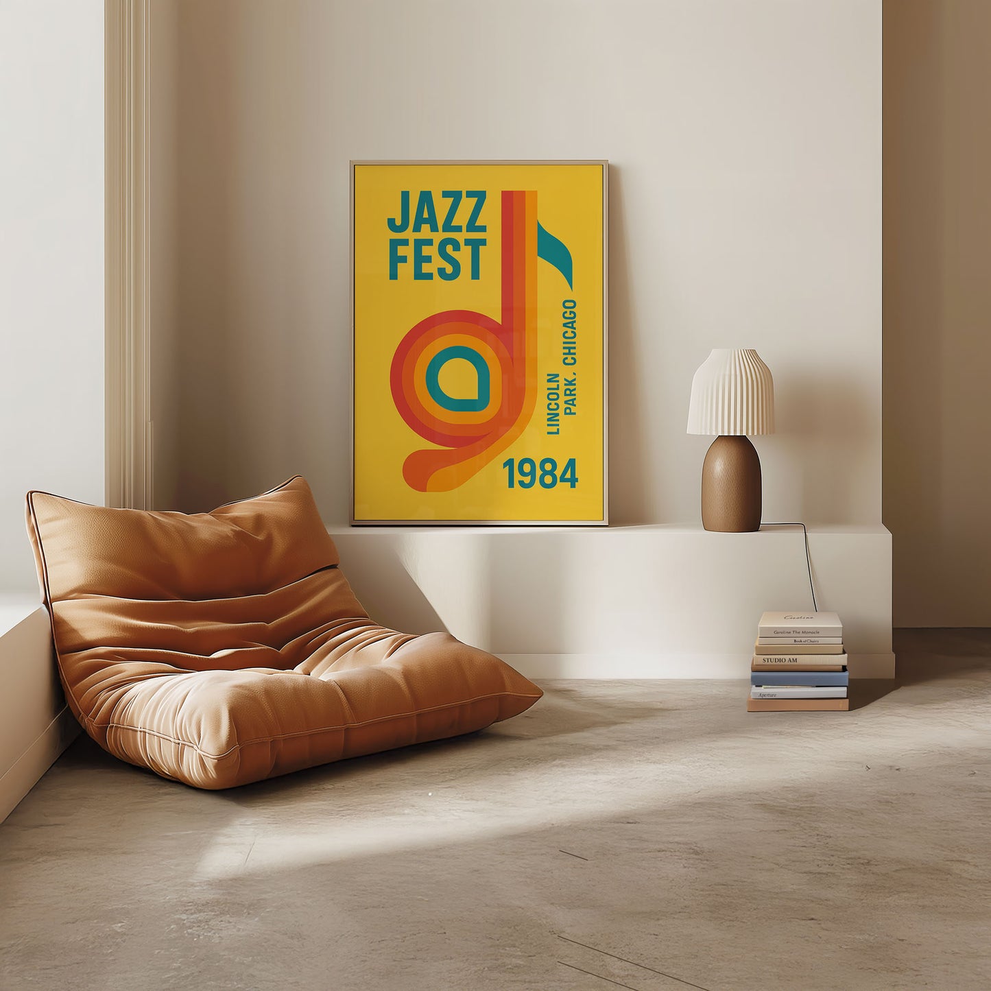 Mid-century modern wall art print featured in neutral interior design space