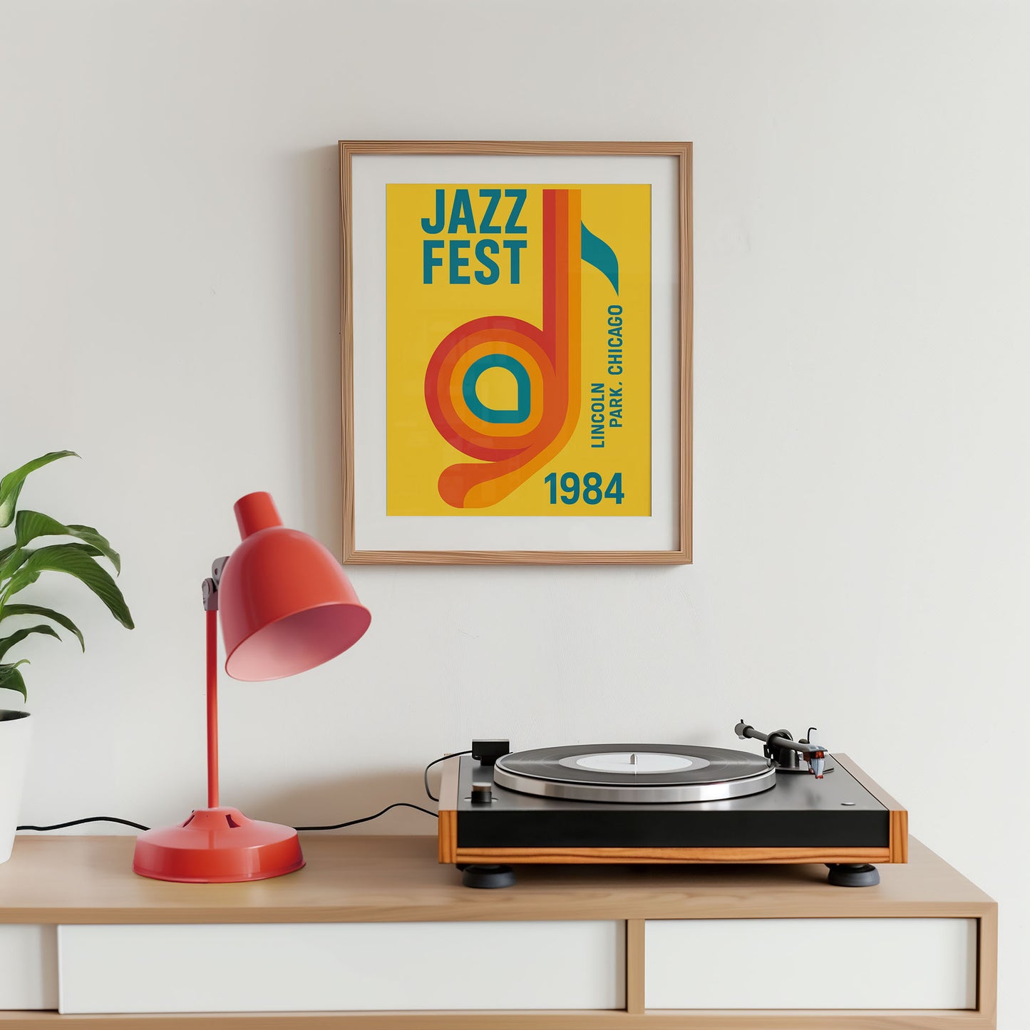 Turntable on a wooden shelf with a colorful 'Jazz Fest' poster above it.
