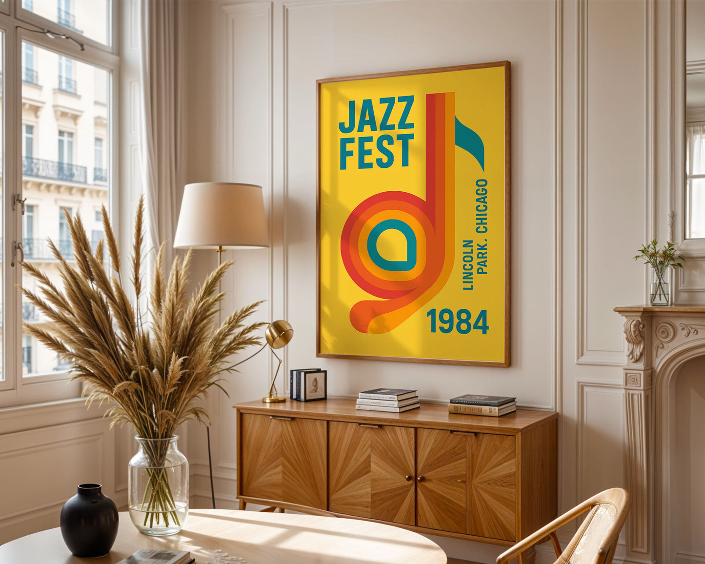Living room with a 'Jazz Festival' poster on the wall, wooden cabinet, and decorative items.