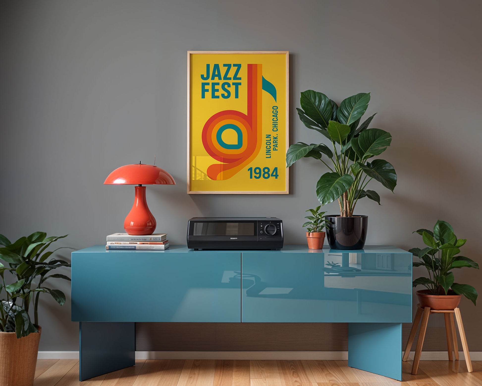 Modern interior with a blue console table, red lamp, and 'Jazz Fest' poster on a gray wall.