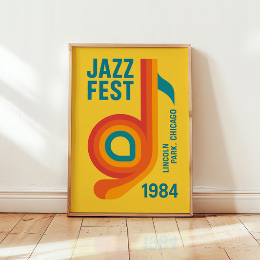 Chicago Jazz Fest 1984 poster featuring bold retro musical note design on yellow background in mid-century modern style from Wallgarde
