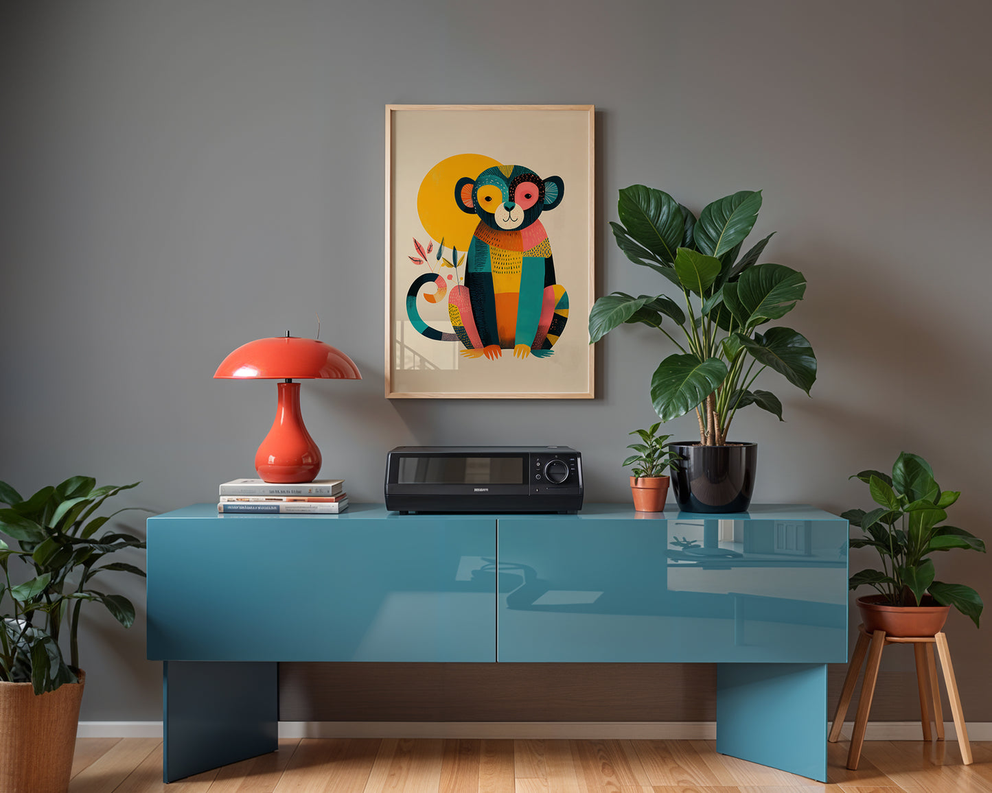 dopamine decor animal print in a Scandinavian hi fi room. 