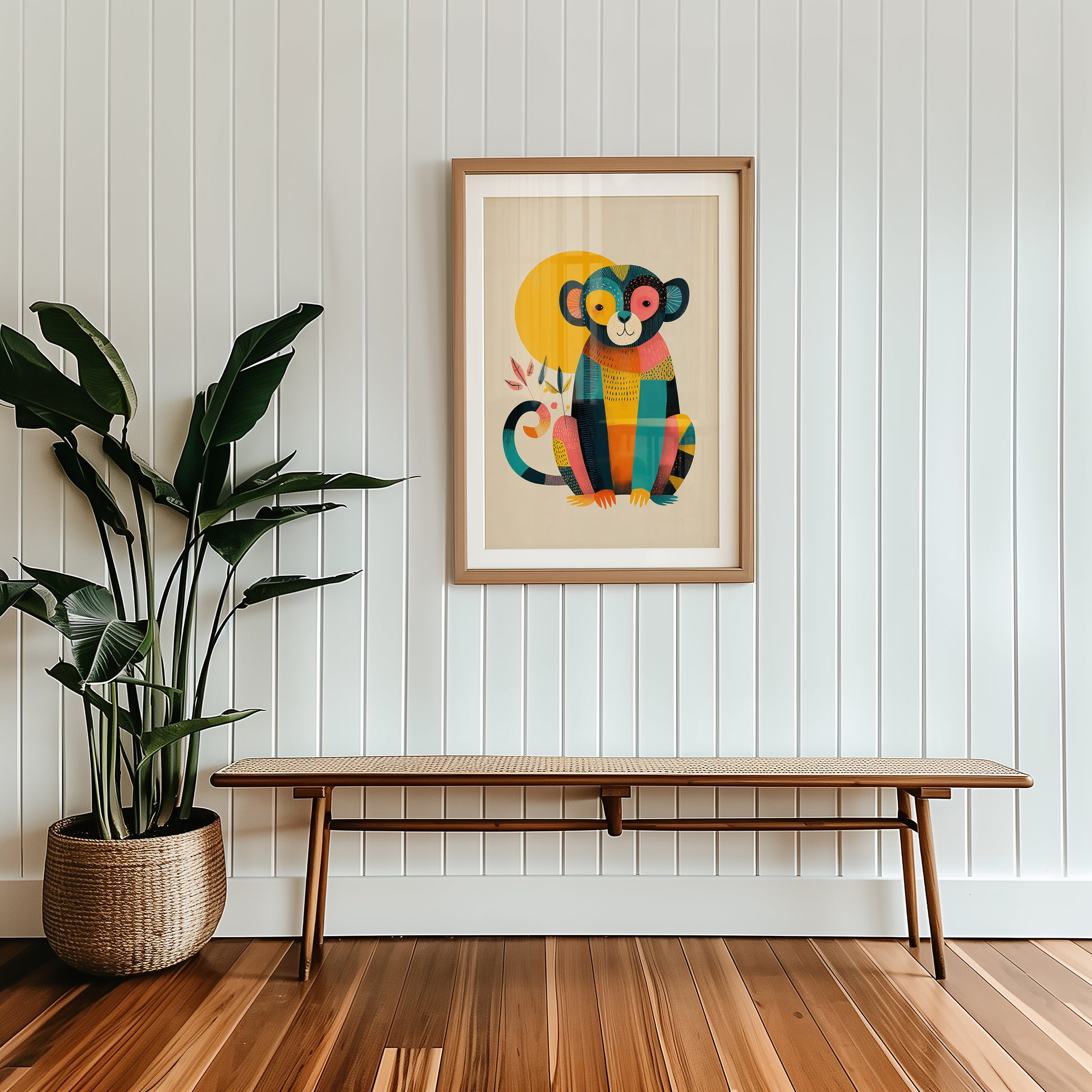 Mid-century modern poster styled in clean Scandinavian inspired living space