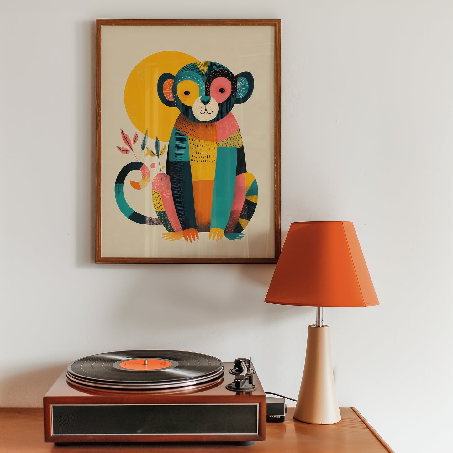 Colourful mid-century style poster adding bold accent to modern home interior with record player on a cabnit. 