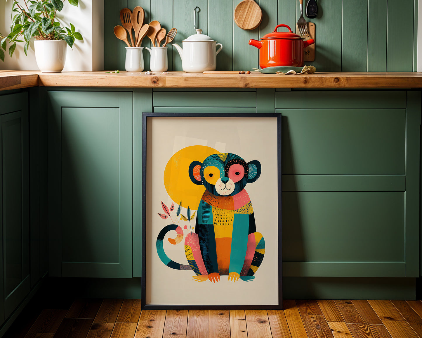 Mid-century modern monkey poster styled in clean Scandinavian inspired kitchen space
