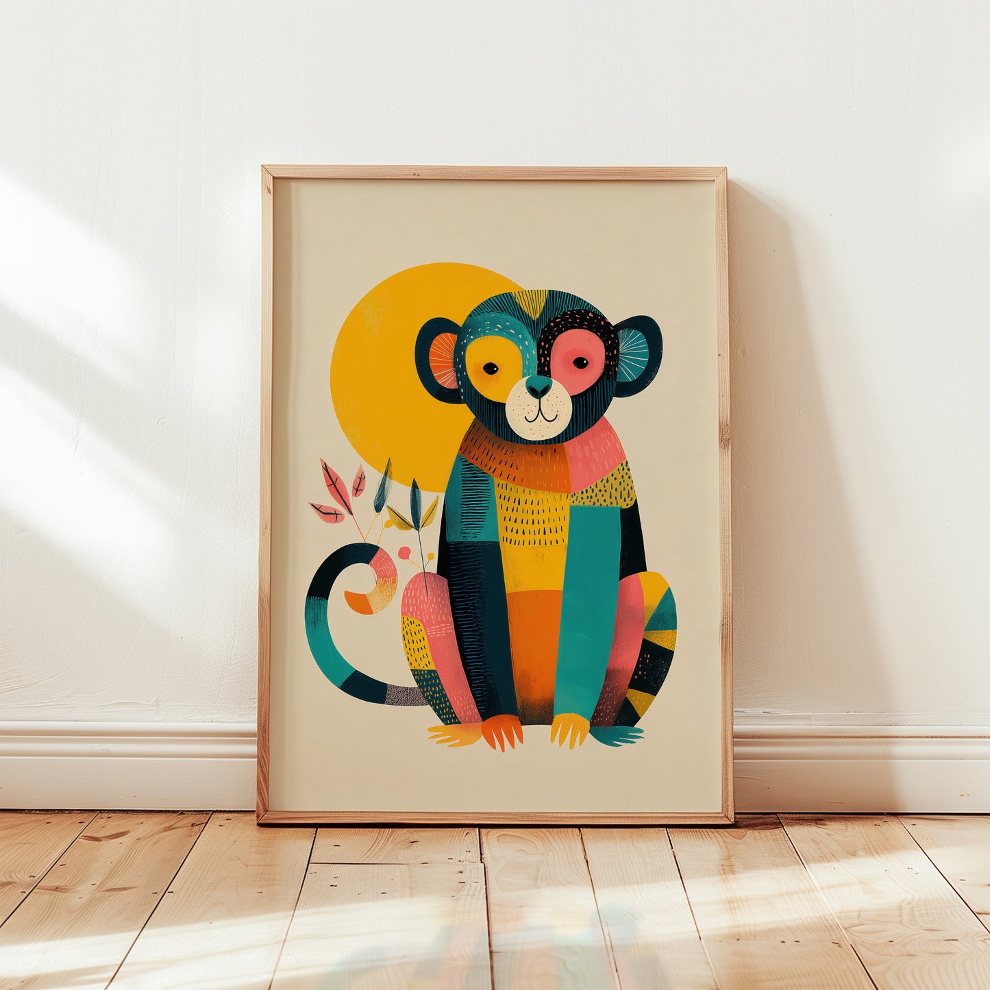 Framed colourful monkey art print in wooden frame, folk art style illustration with golden sun teal mustard and coral palette on cream background